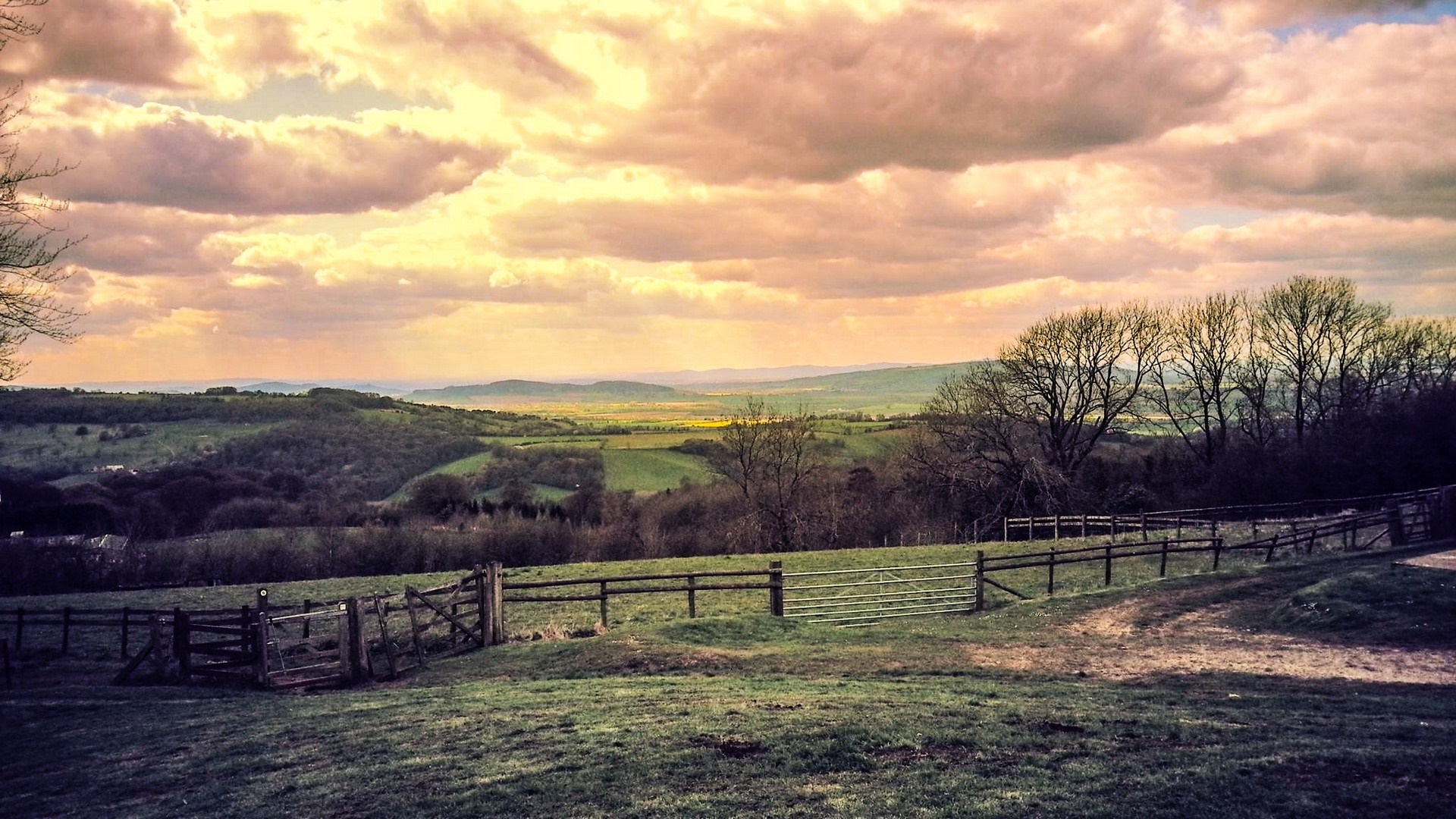 Rolling hills and fields at sunset with clouds HD Wallpaper