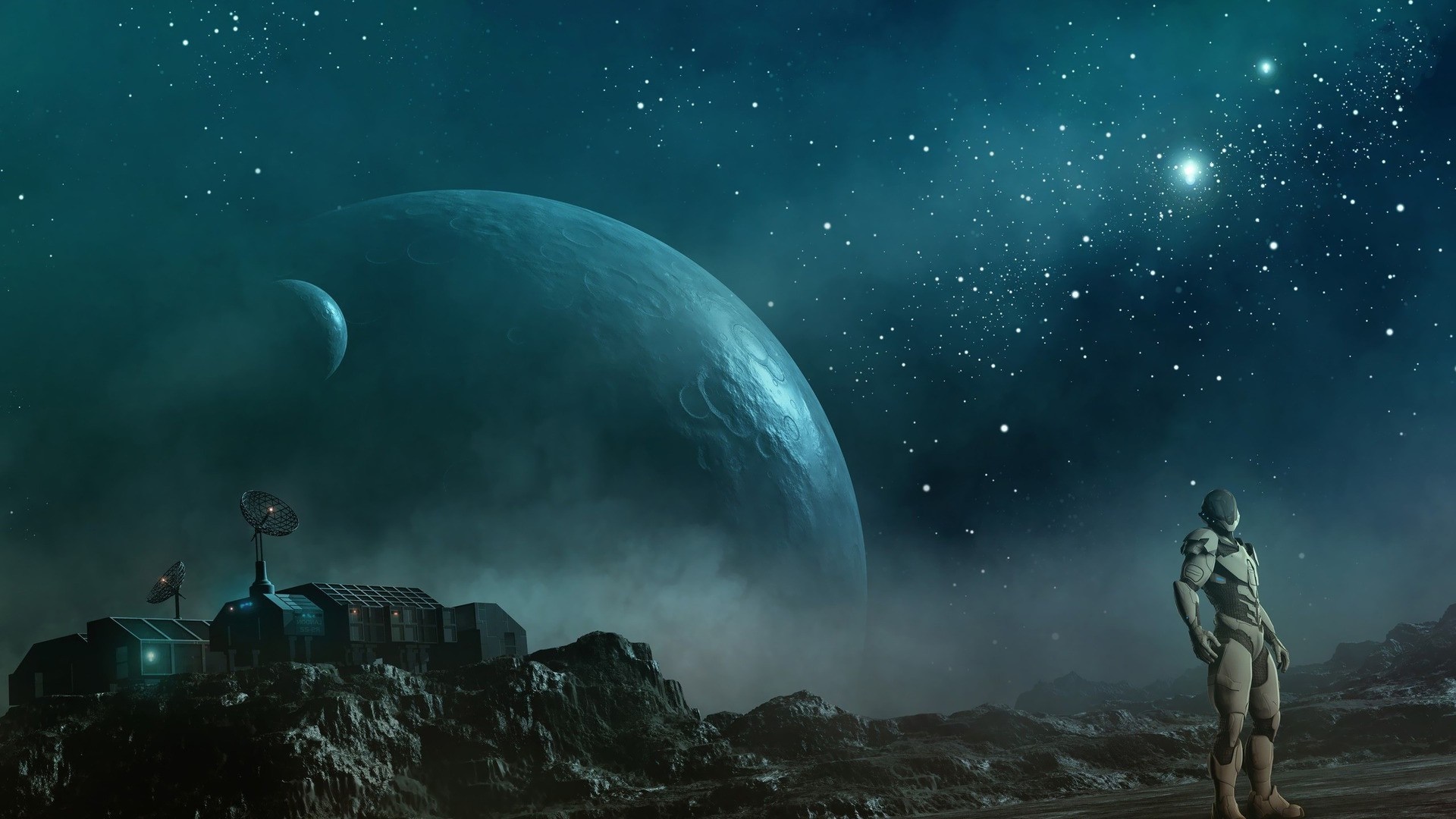 Astronaut on alien planet with large planet and moon in sky HD Wallpaper
