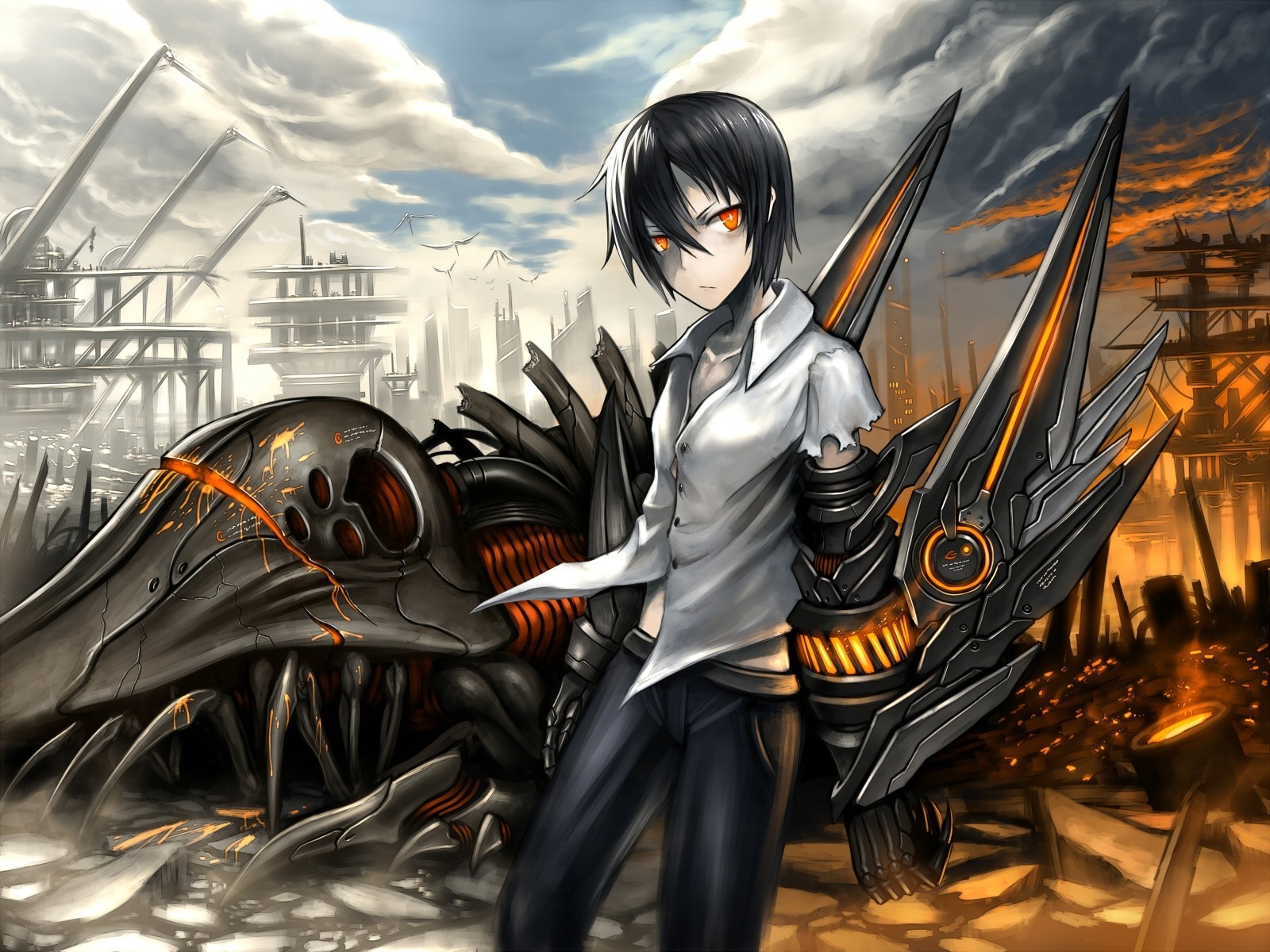 Anime character with mechanical arm and creature HD Wallpaper