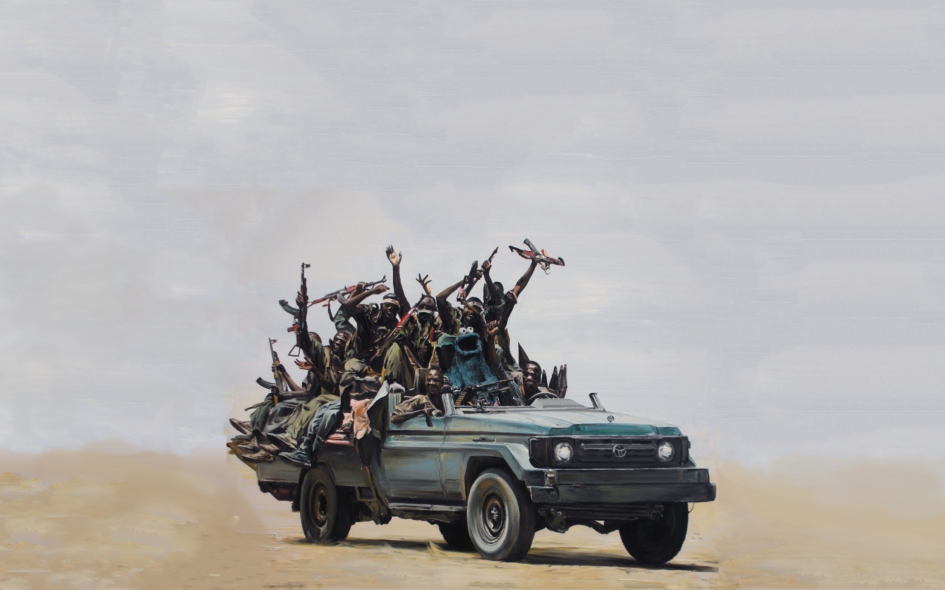 Militia in a vehicle with weapons and Cookie Monster HD Wallpaper