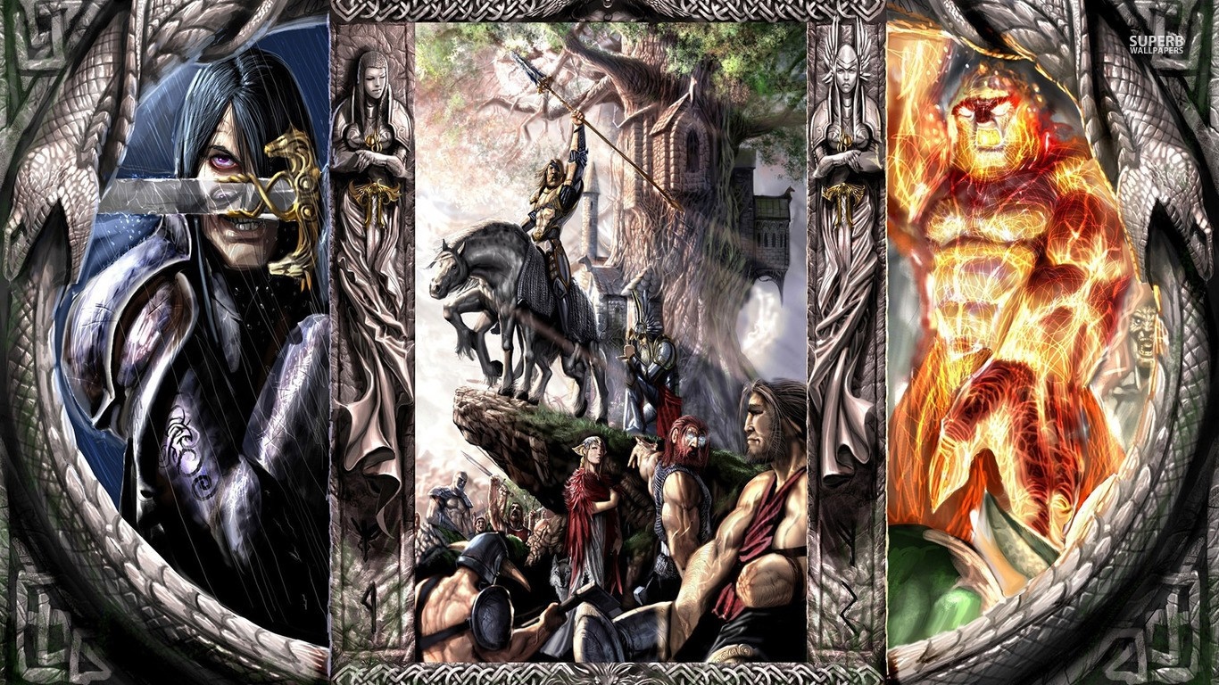 Fantasy characters with a knight, a warrior, and a fiery being HD Wallpaper