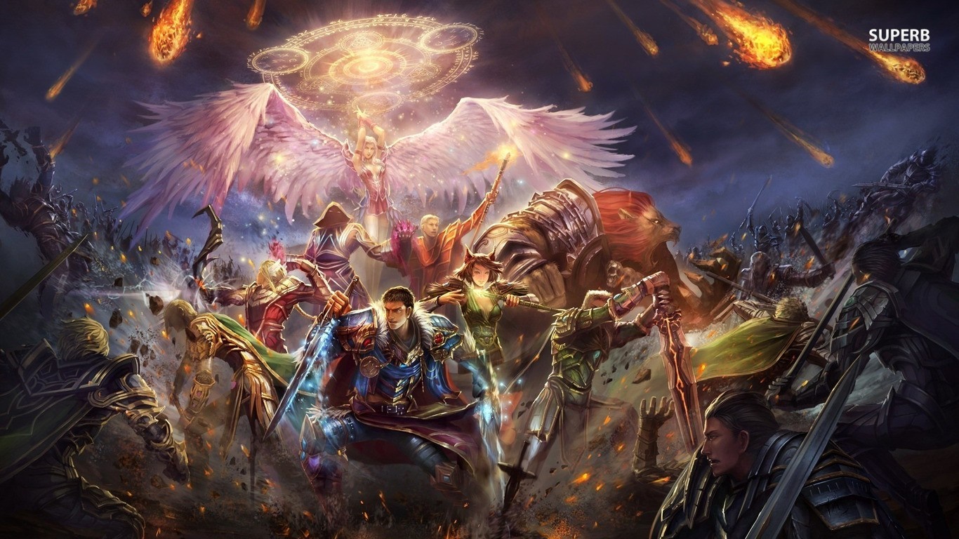 Fantasy battle with angel and warriors under meteor shower HD Wallpaper