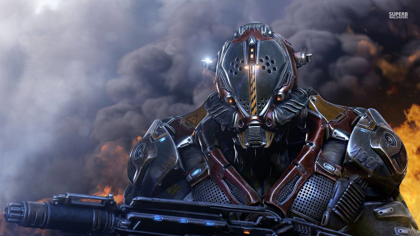 Robot soldier with a gun in smoke and fire HD Wallpaper