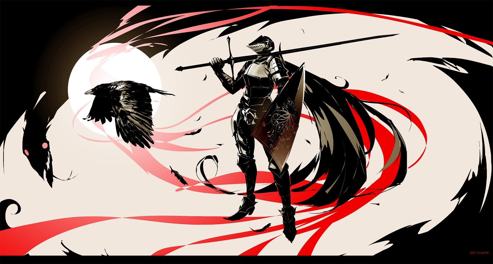 Knight with sword and shield and a crow HD Wallpaper