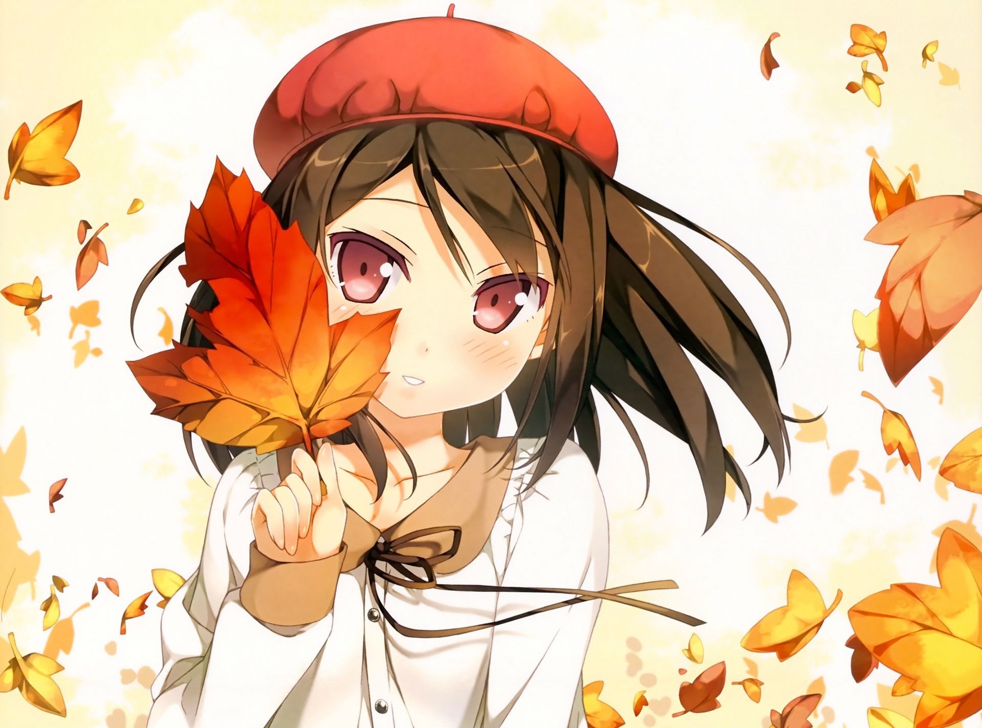 Anime girl with red beret holding autumn leaf HD Wallpaper