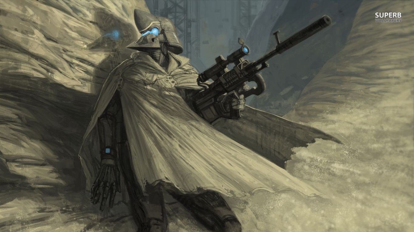 Fantasy soldier with sniper rifle in rocky terrain HD Wallpaper