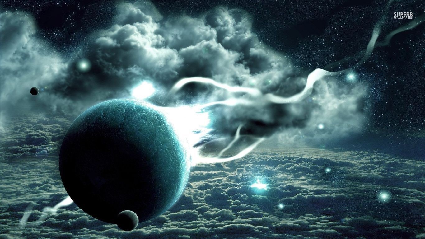 Planet and moons in space with clouds and stars HD Wallpaper
