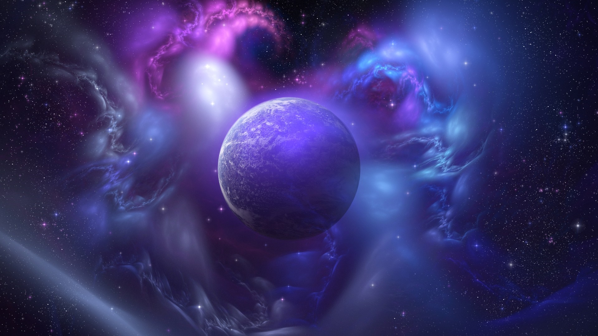 Purple planet in a colorful nebula in outer space HD Wallpaper