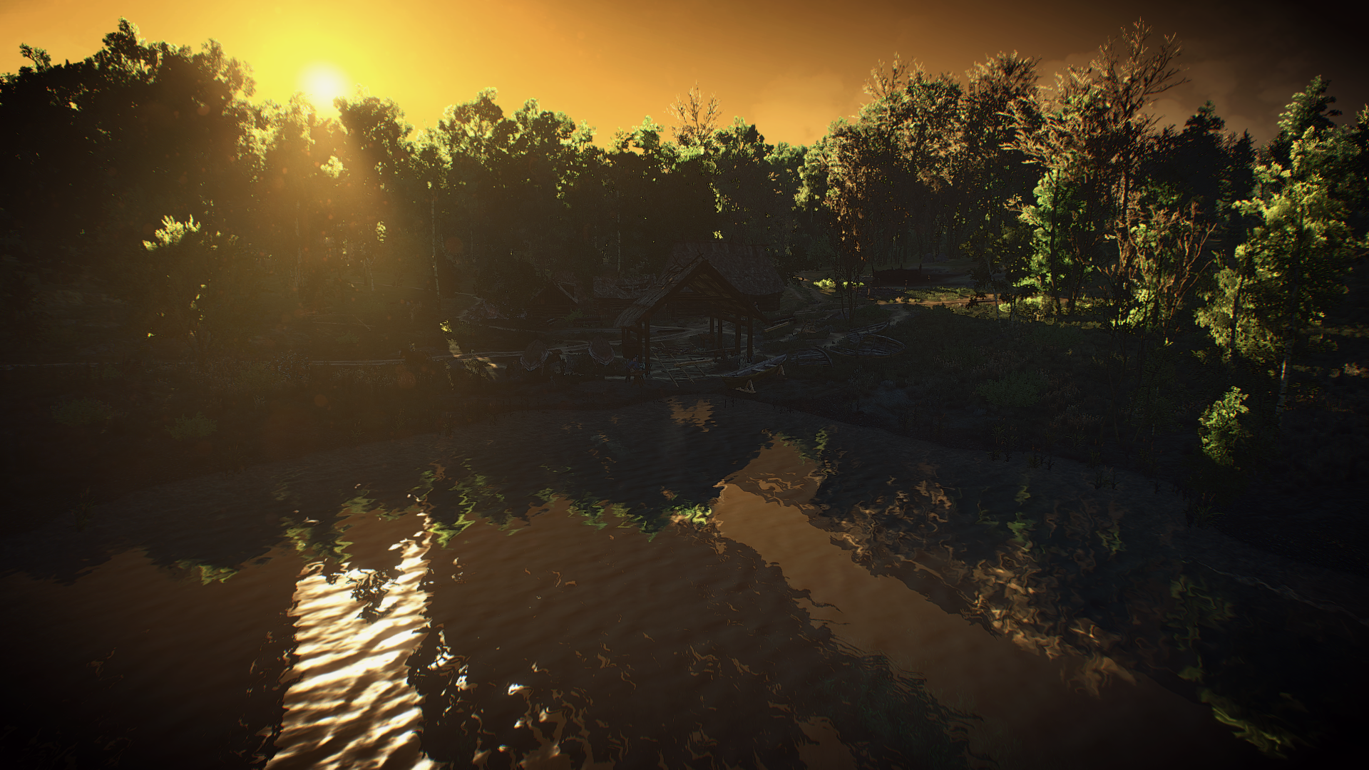 The Witcher 3 Wild Hunt: Sunset over a forest village HD Wallpaper