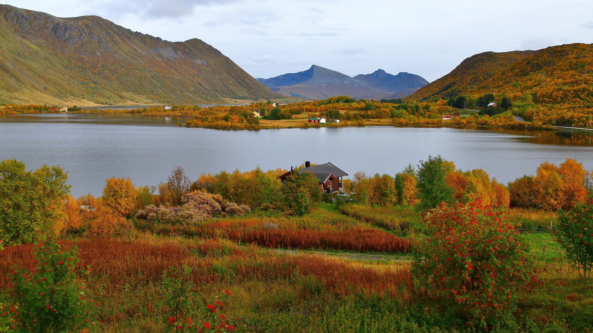 Autumn landscape with lake and mountains HD Wallpaper