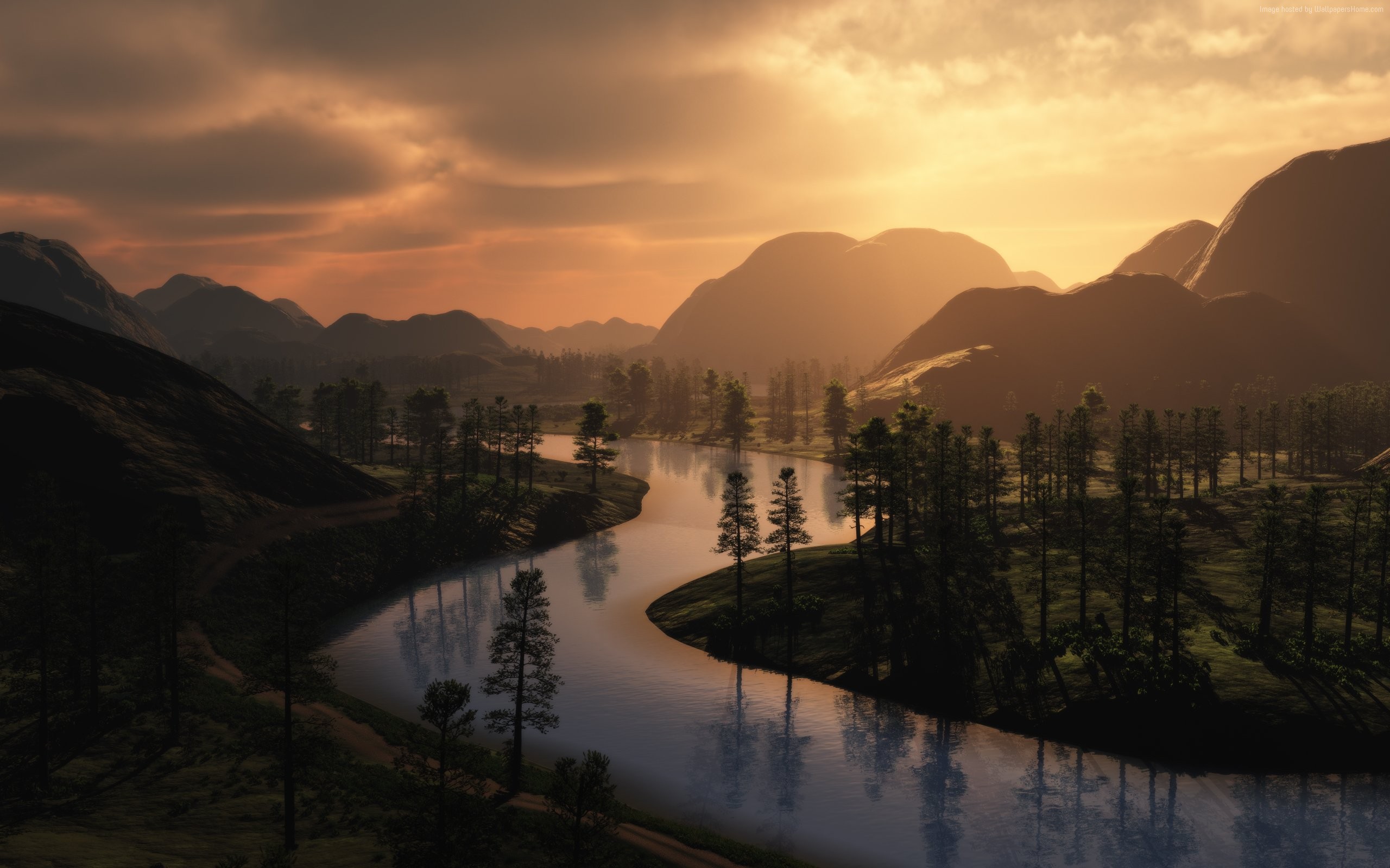 Sunset over a river and mountains with a forest HD Wallpaper