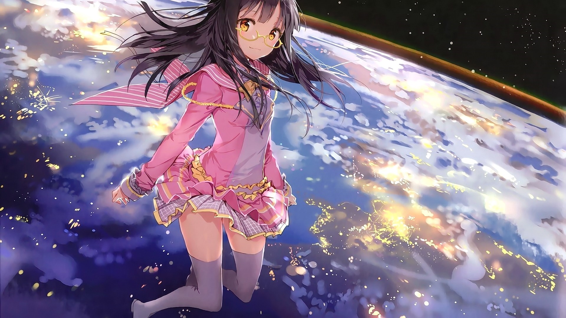 Anime girl with glasses floating above Earth HD Wallpaper
