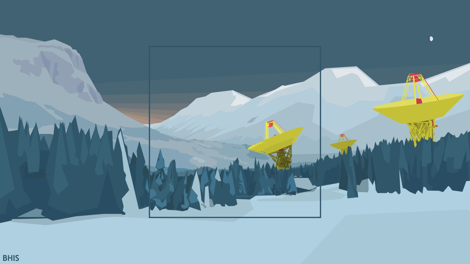Illustration of radio telescopes in a snowy mountain landscape HD Wallpaper