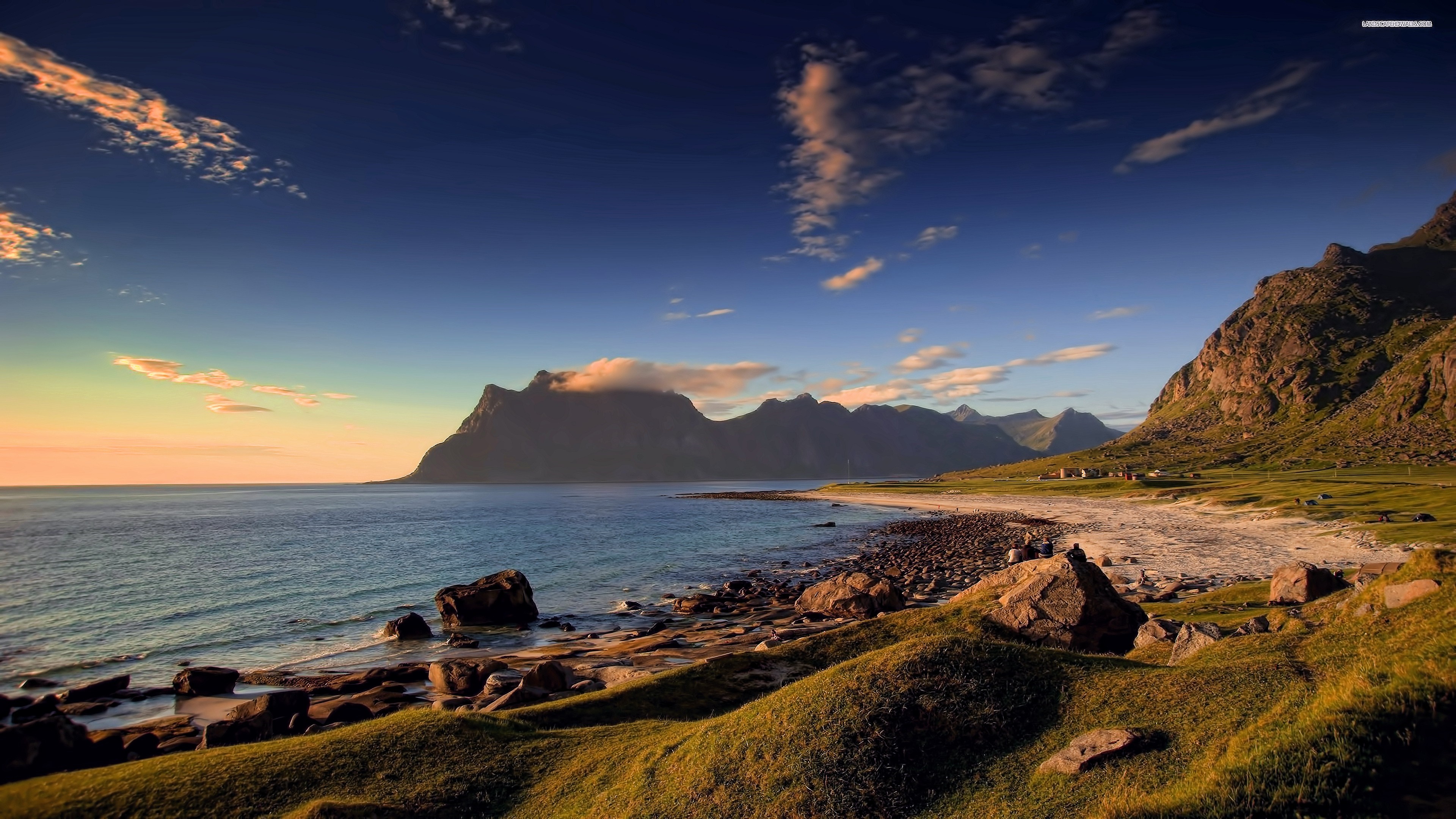 Coastal landscape with mountains at sunset HD Wallpaper