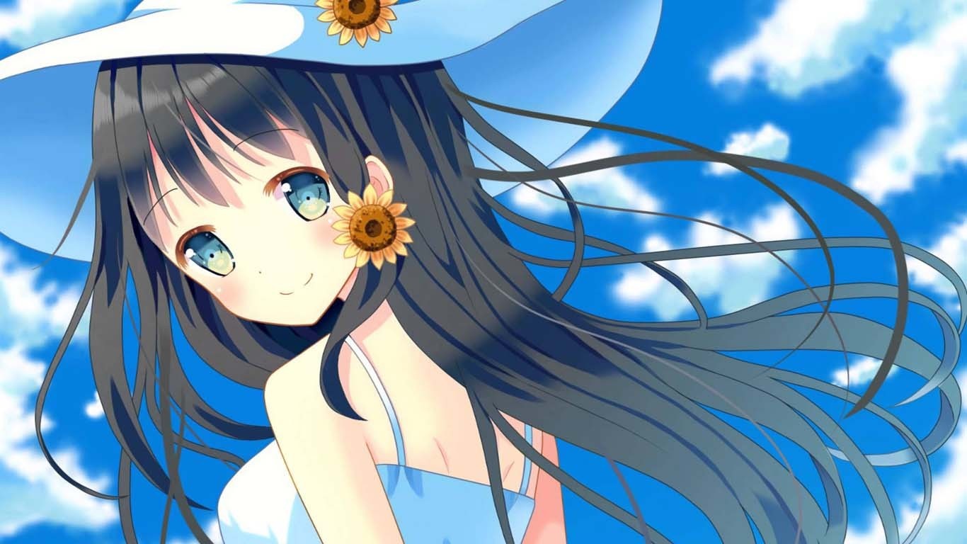 Anime girl with sunflowers on a blue sky background HD Wallpaper