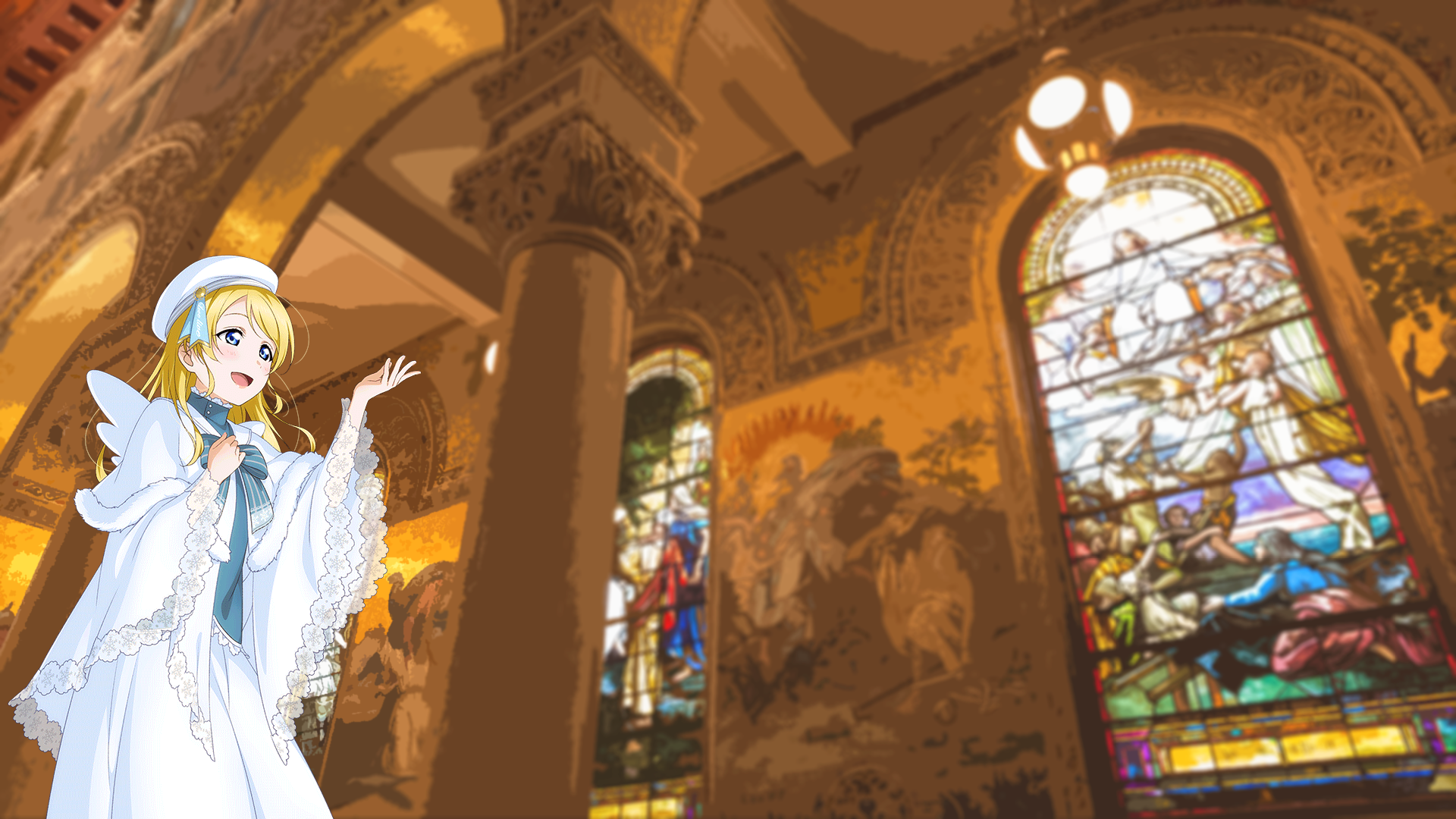 Ayase Eri from Love Live in a church with stained glass windows HD Wallpaper