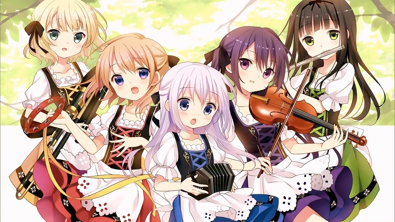 Girls from Gochuumon wa Usagi Desu ka playing music HD Wallpaper