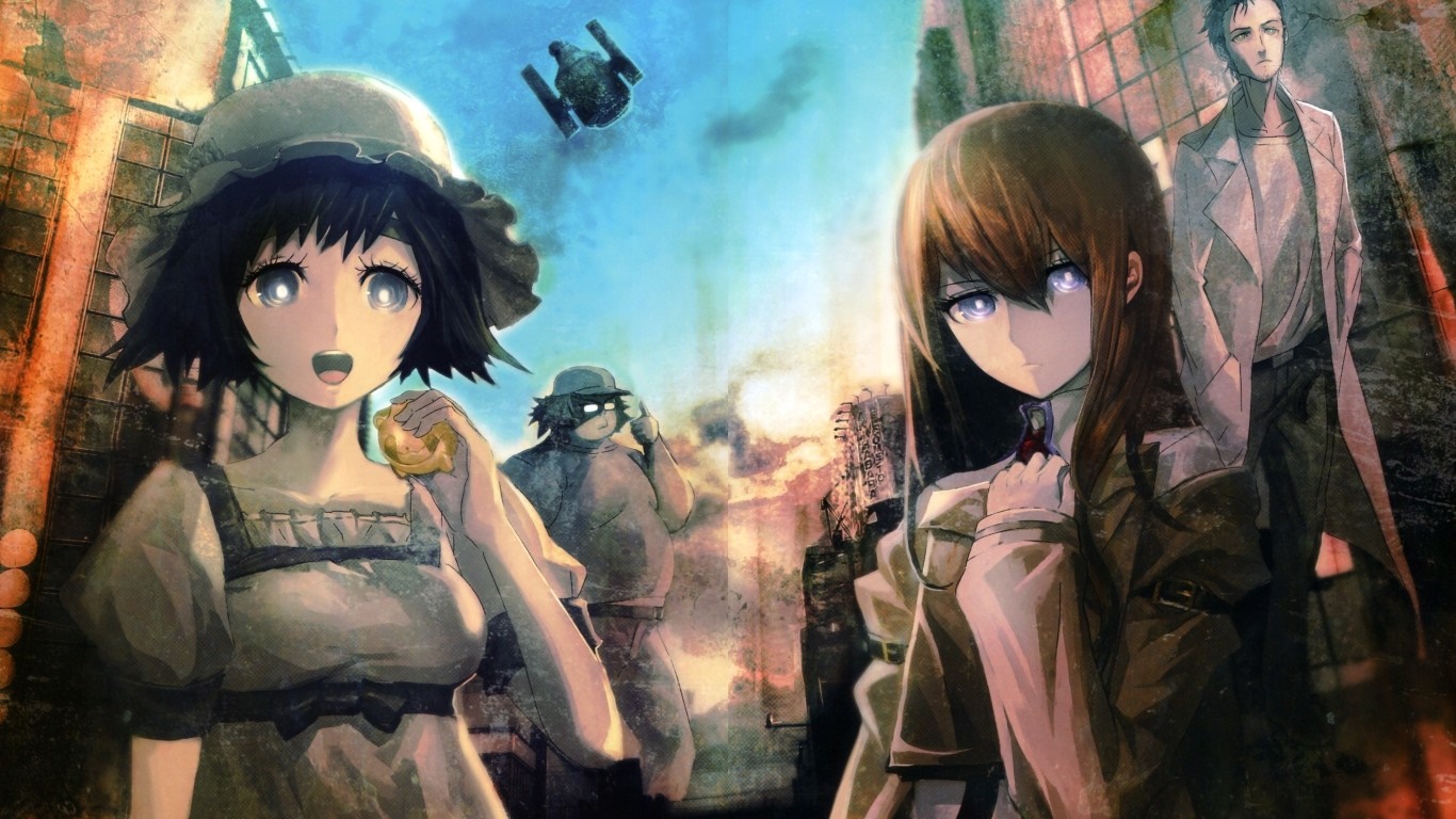 Makise Kurisu, Shiina Mayuri, Okabe Rintarou, and Hashida Itaru from Steins;Gate HD Wallpaper