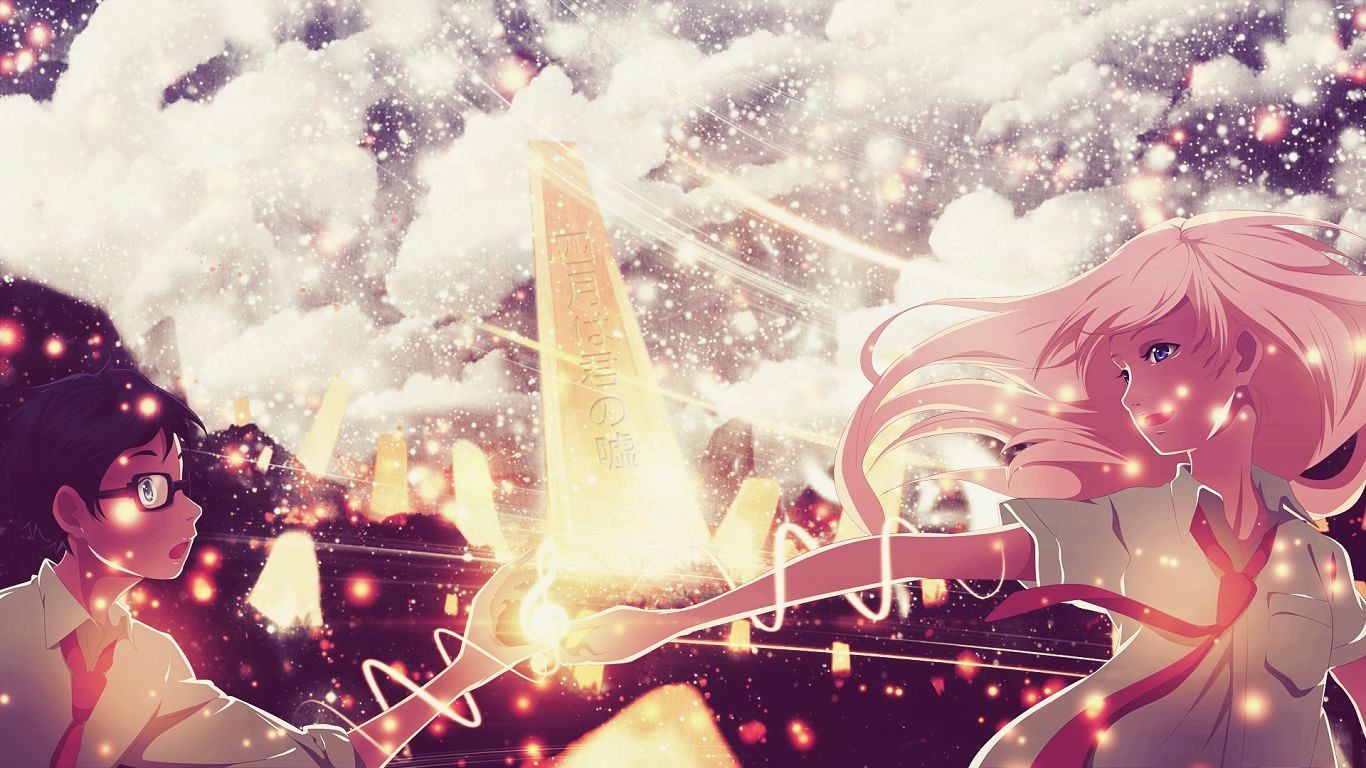 Anime couple reaching for a glowing monument HD Wallpaper