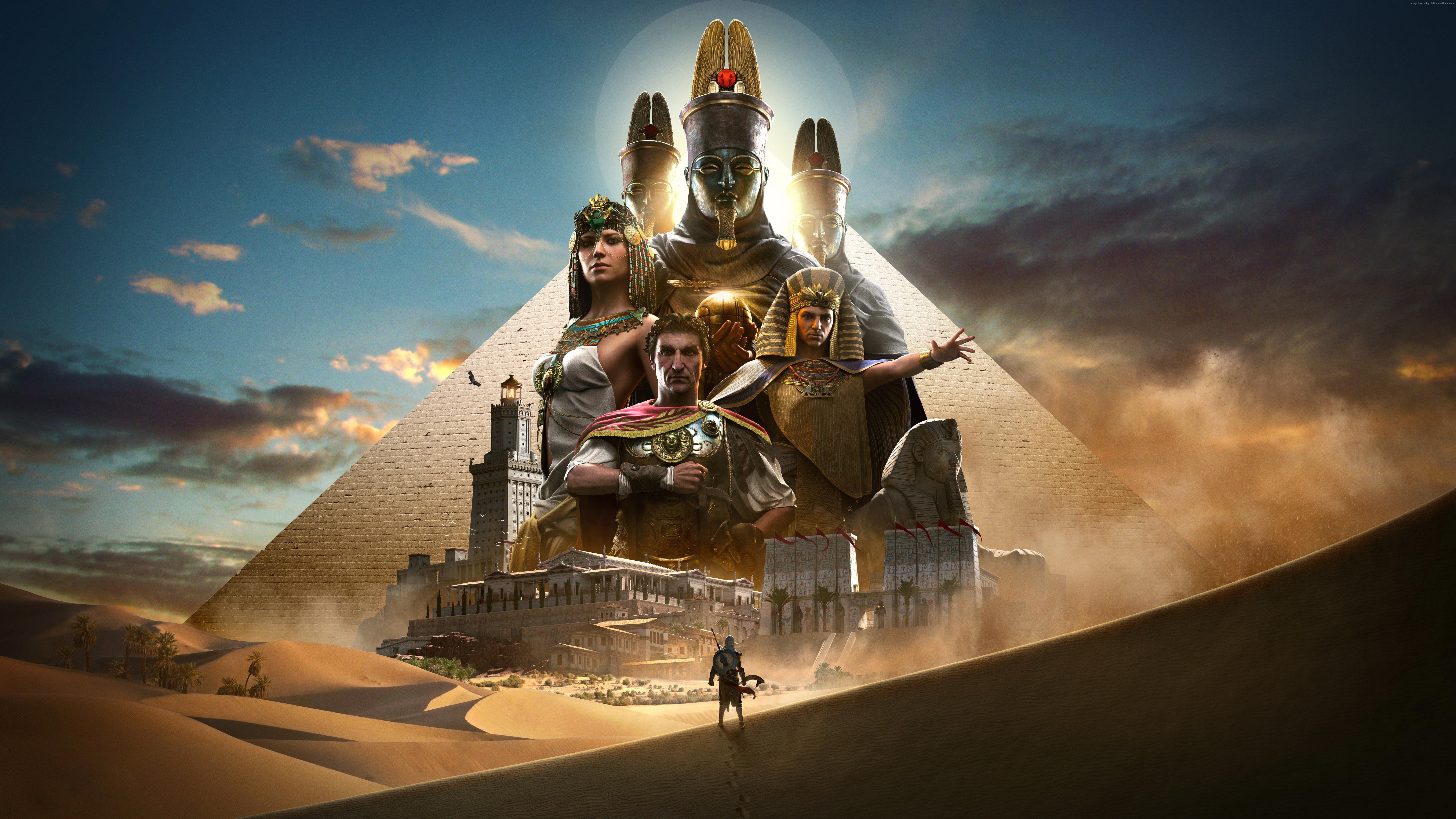Assassin's Creed Origins poster with Bayek and Egyptian figures HD Wallpaper