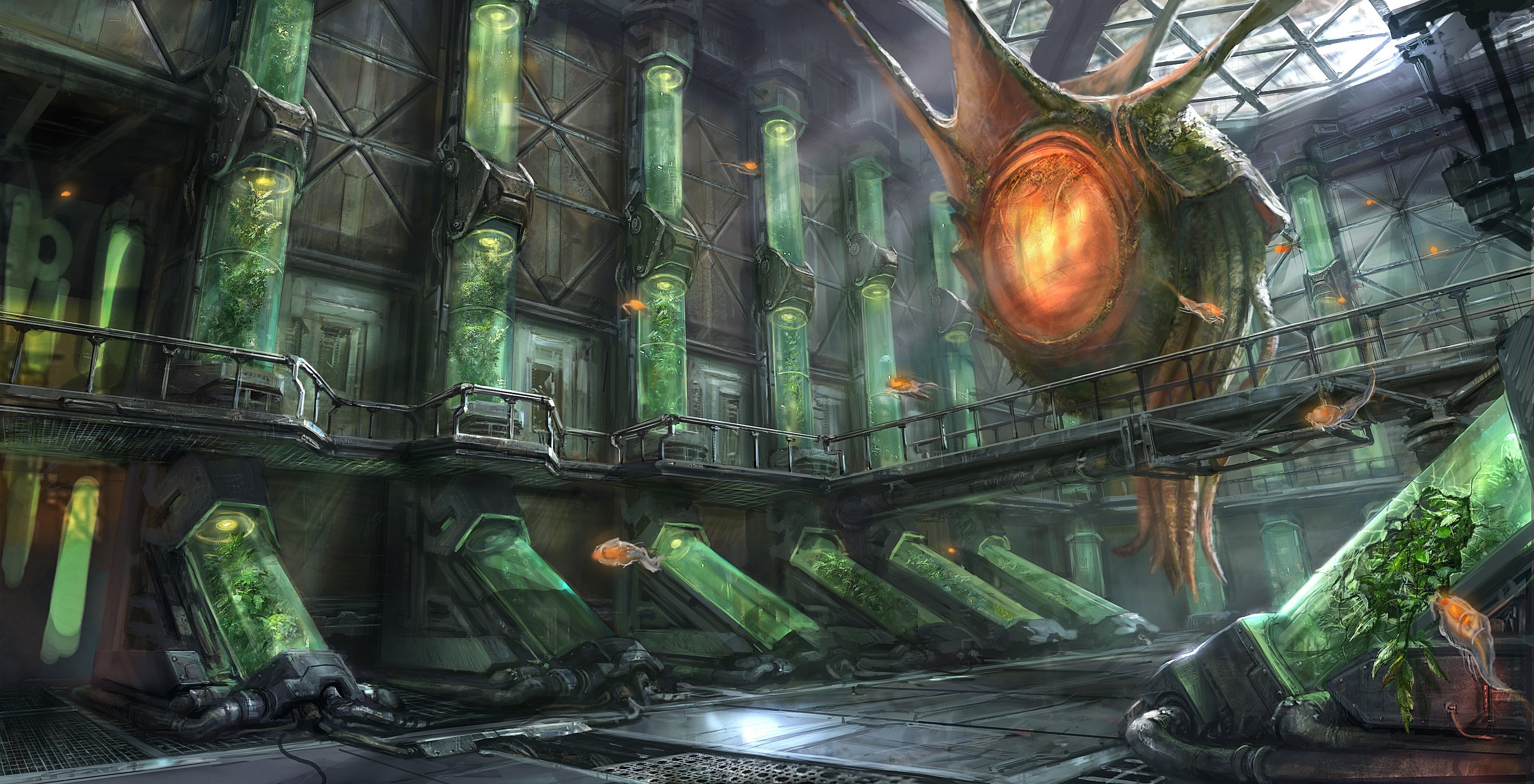 Alien creature in a laboratory with plants HD Wallpaper