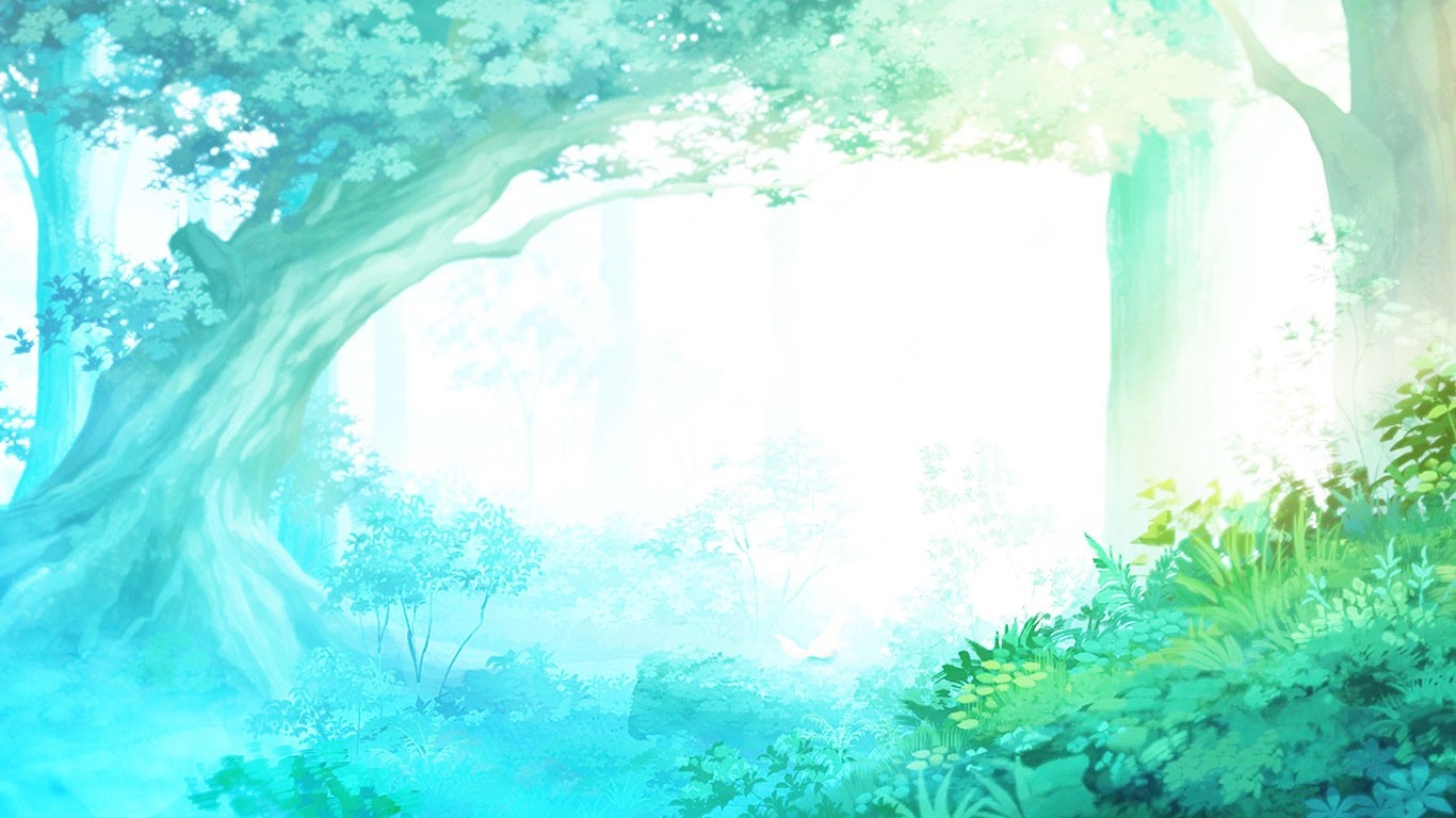 Fantasy forest with sunlight filtering through trees HD Wallpaper