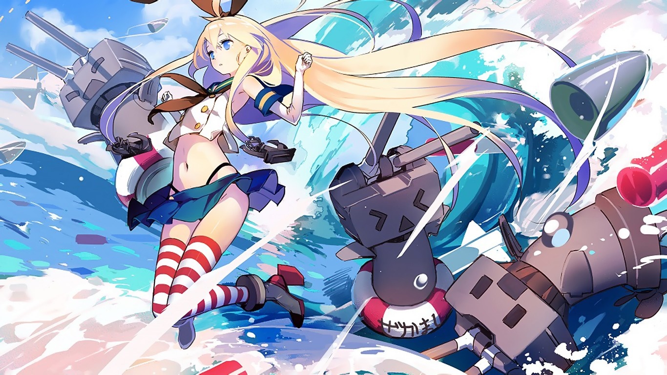 Anime girl with ship mechs in the ocean HD Wallpaper