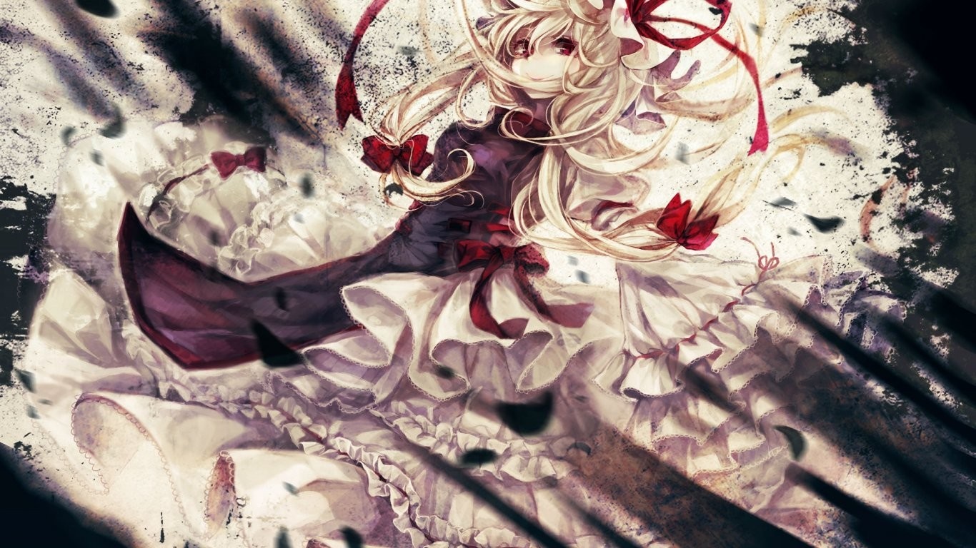 Anime girl with blonde hair and red ribbons HD Wallpaper