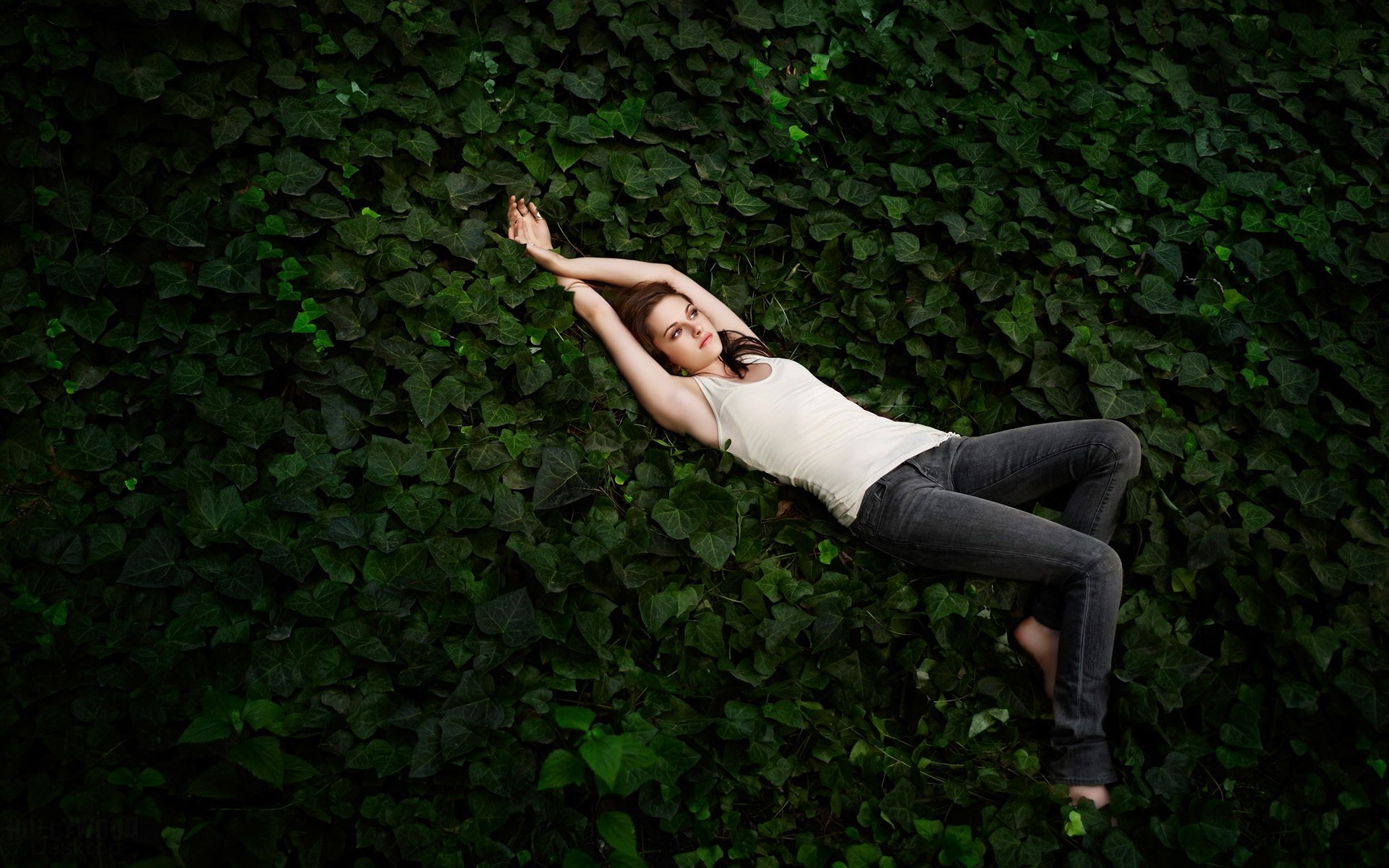 Kristen Stewart Lying on Green Leaves in Forest HD Wallpaper