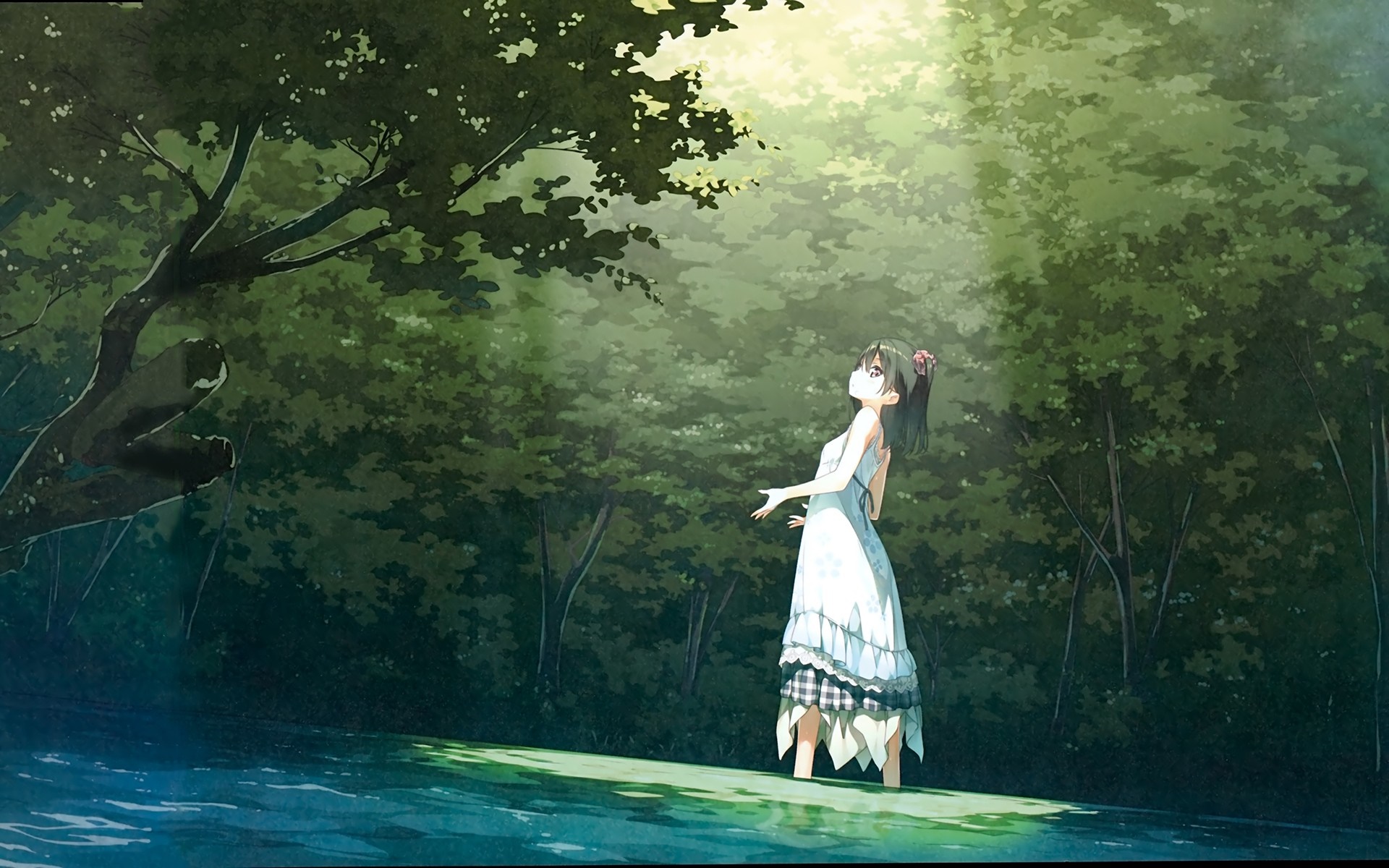 Anime girl in a white dress in a sunlit forest HD Wallpaper