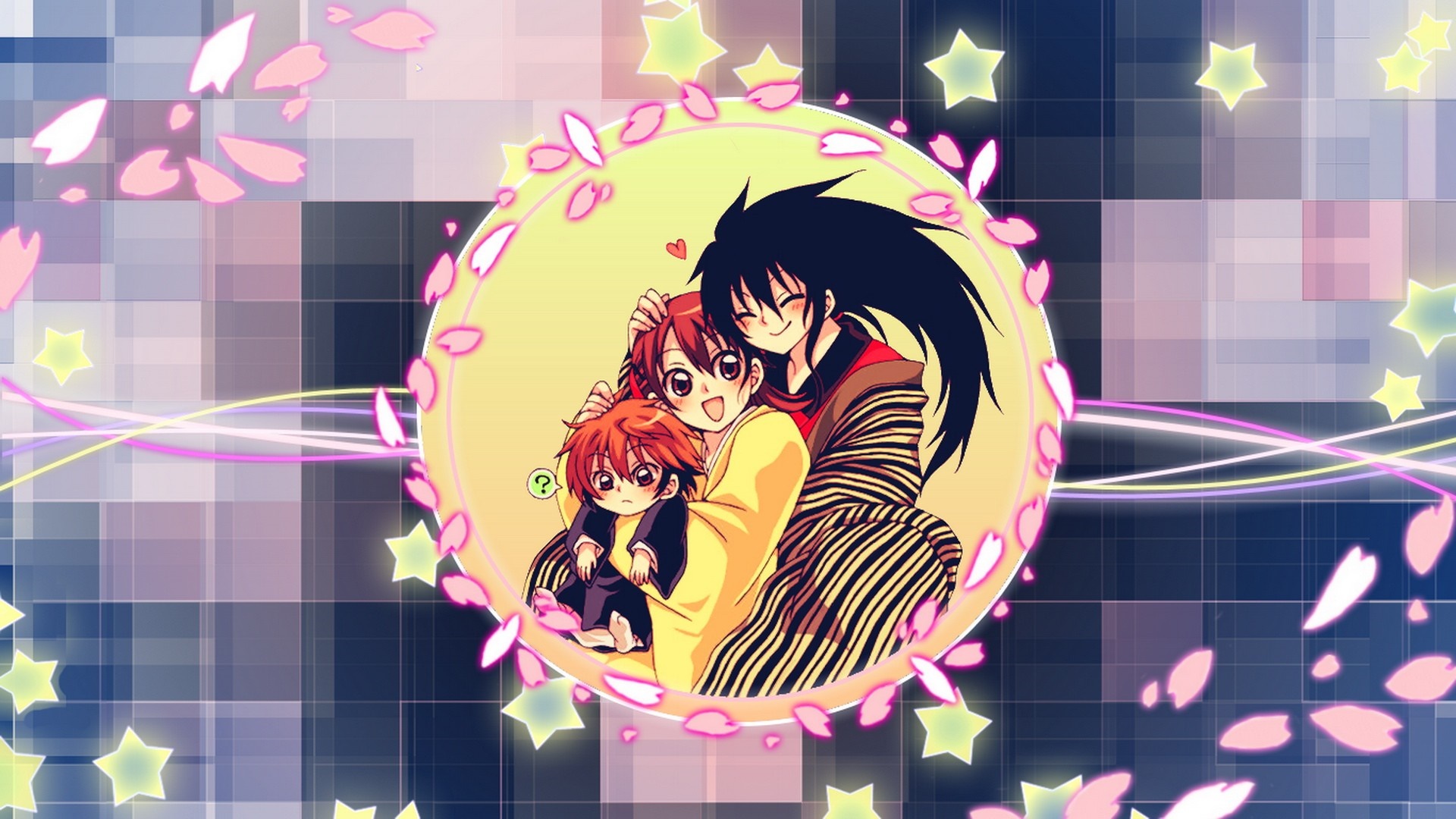 Anime illustration of a family with cherry blossoms HD Wallpaper