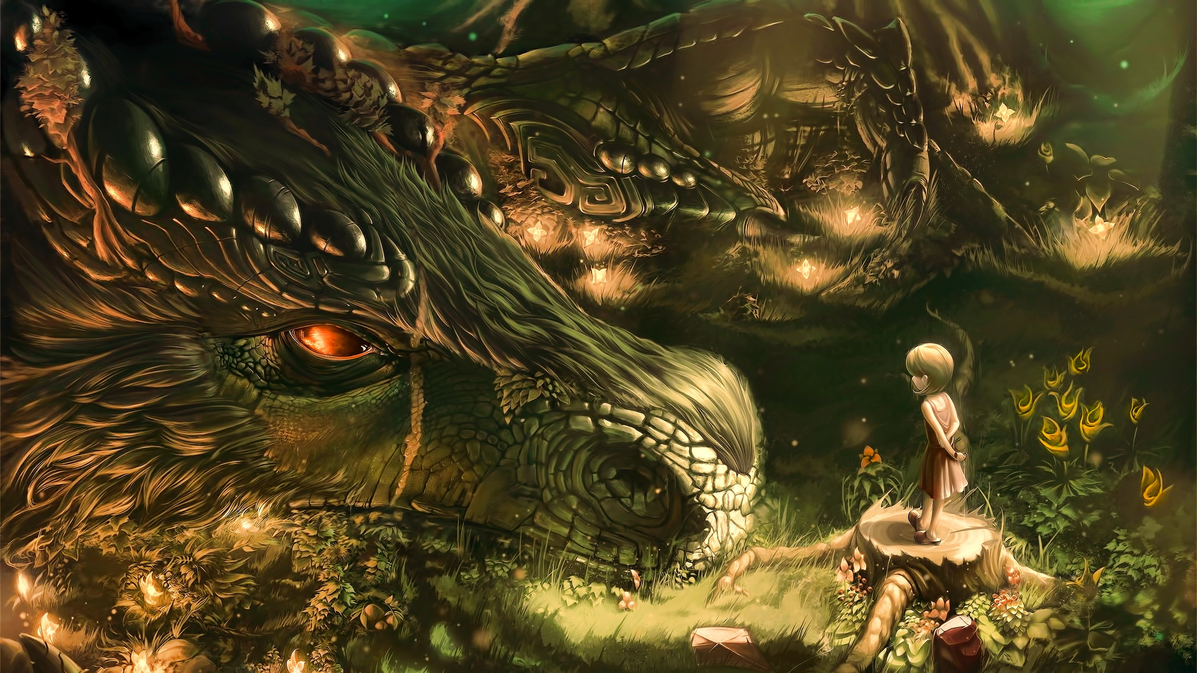 A young girl stands before a giant dragon in a magical forest HD Wallpaper