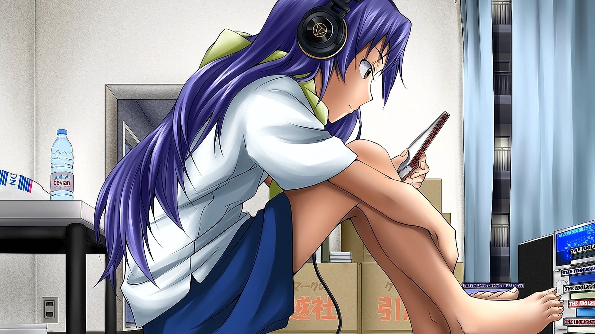 Anime girl with headphones and phone HD Wallpaper