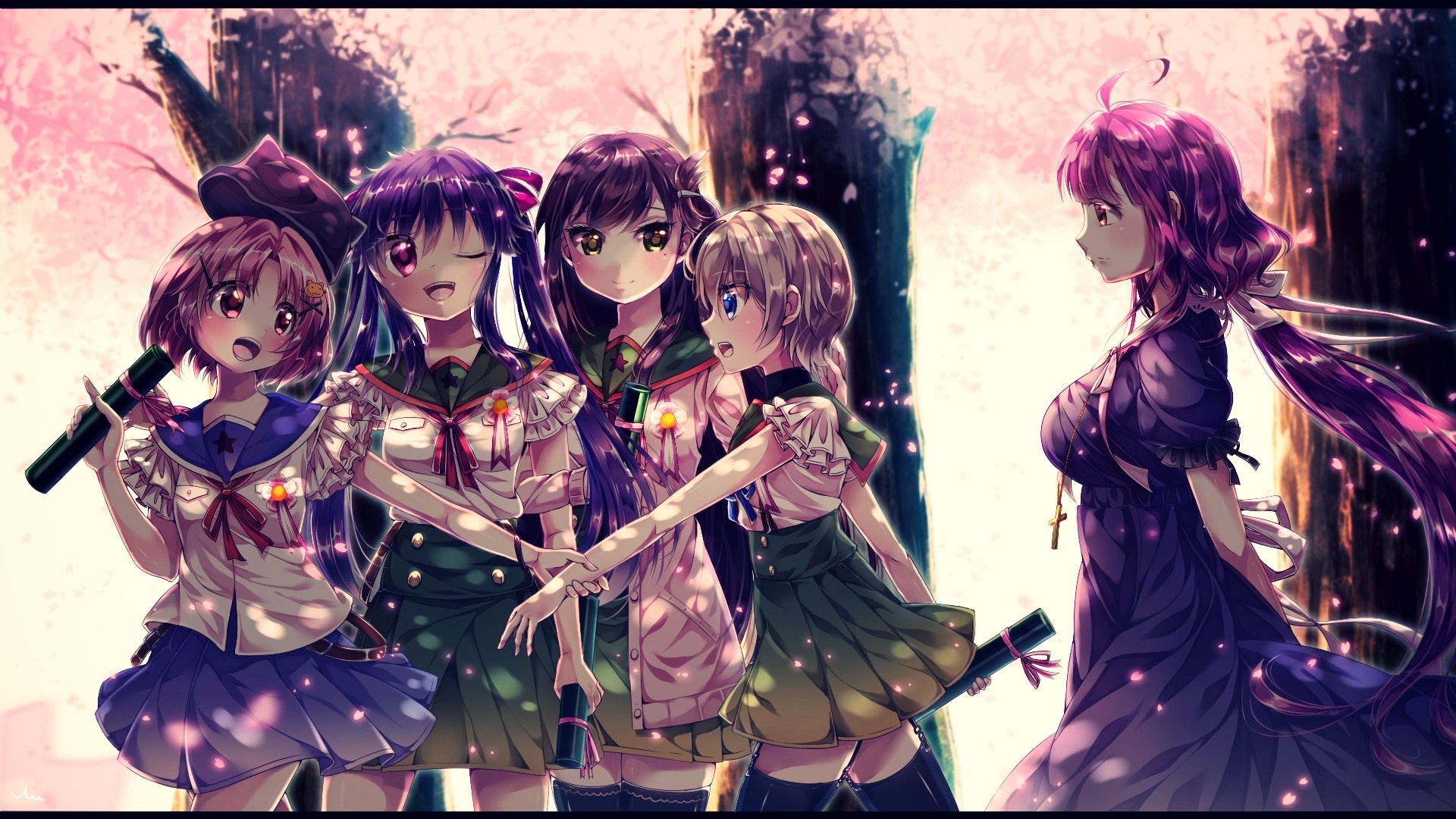 Anime girls in school uniforms with cherry blossoms HD Wallpaper