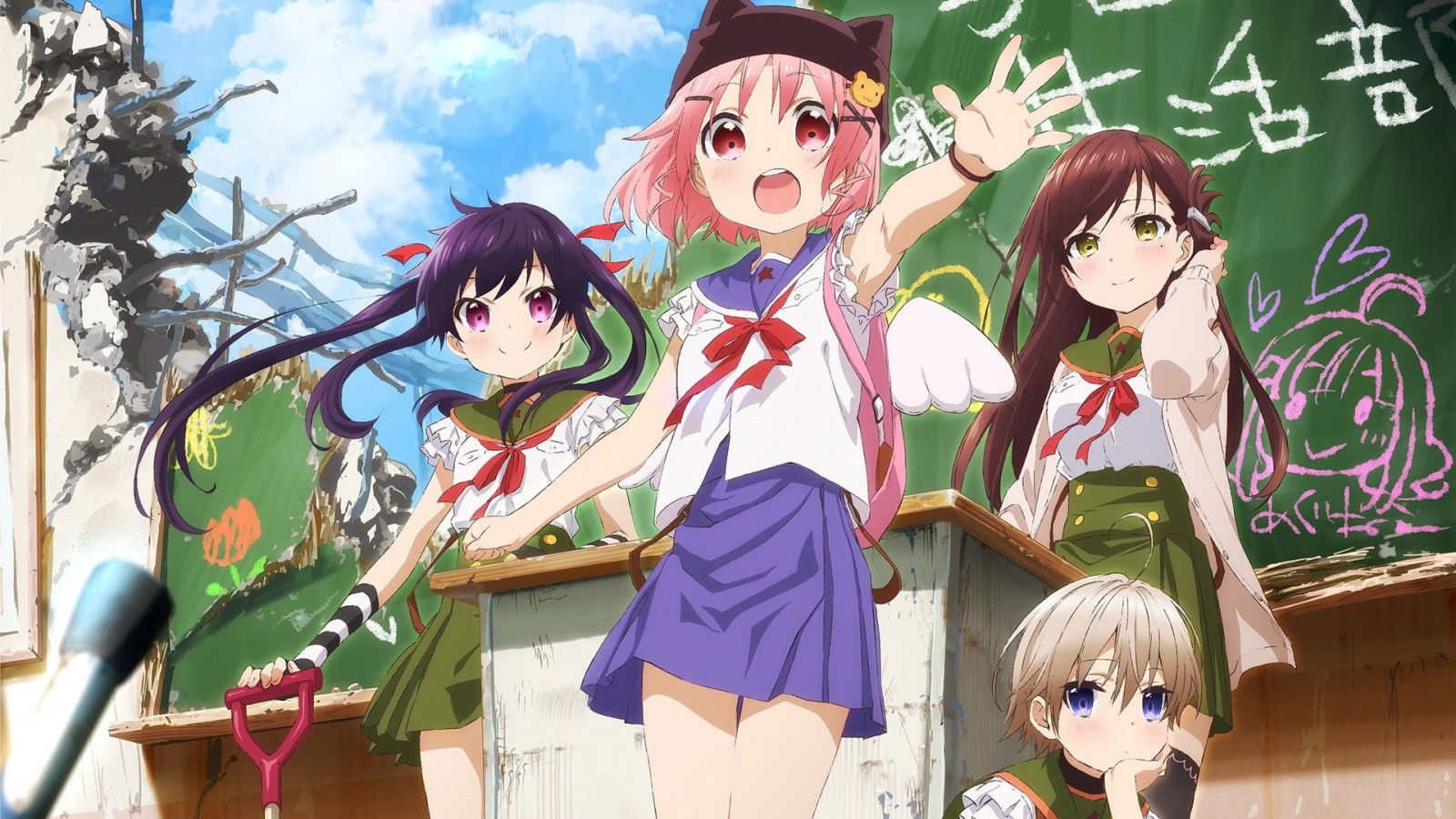 Girls from Gakkou Gurashi in a classroom HD Wallpaper