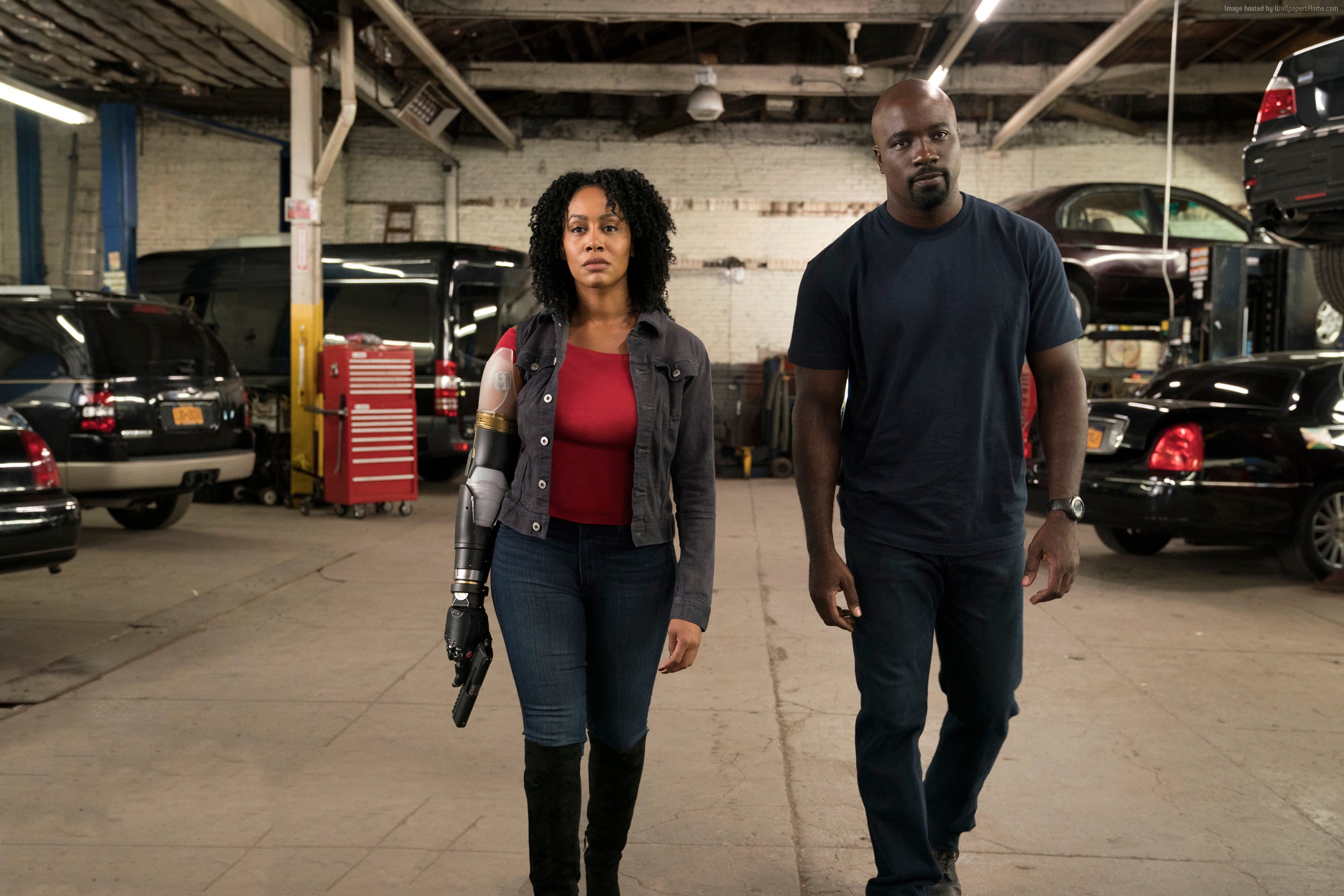 Luke Cage and Misty Knight in a garage HD Wallpaper