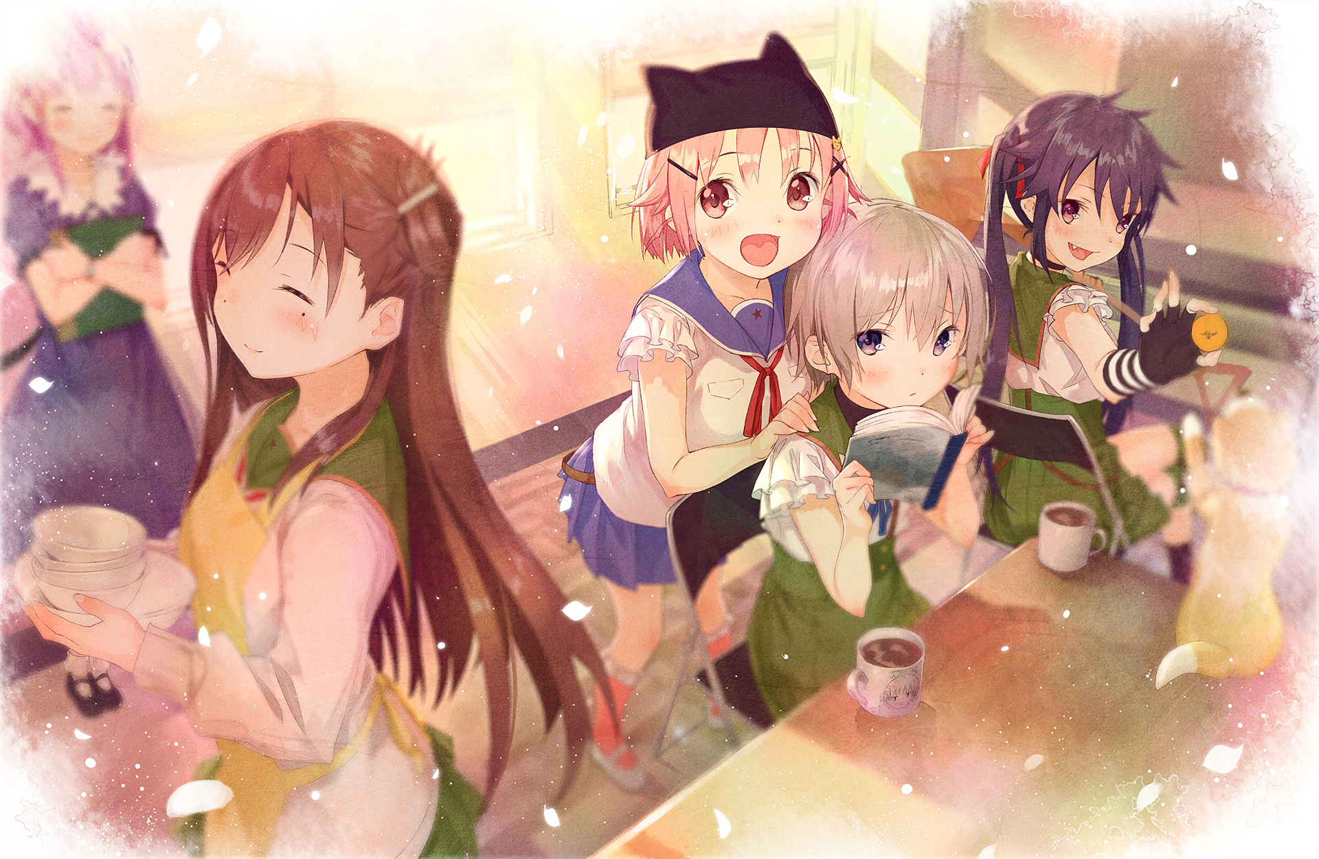Anime girls from Gakkou Gurashi in a cafe HD Wallpaper