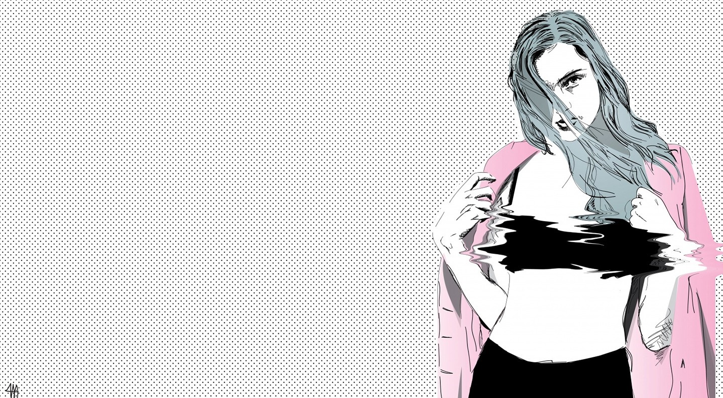Woman in pink jacket with distorted chest HD Wallpaper