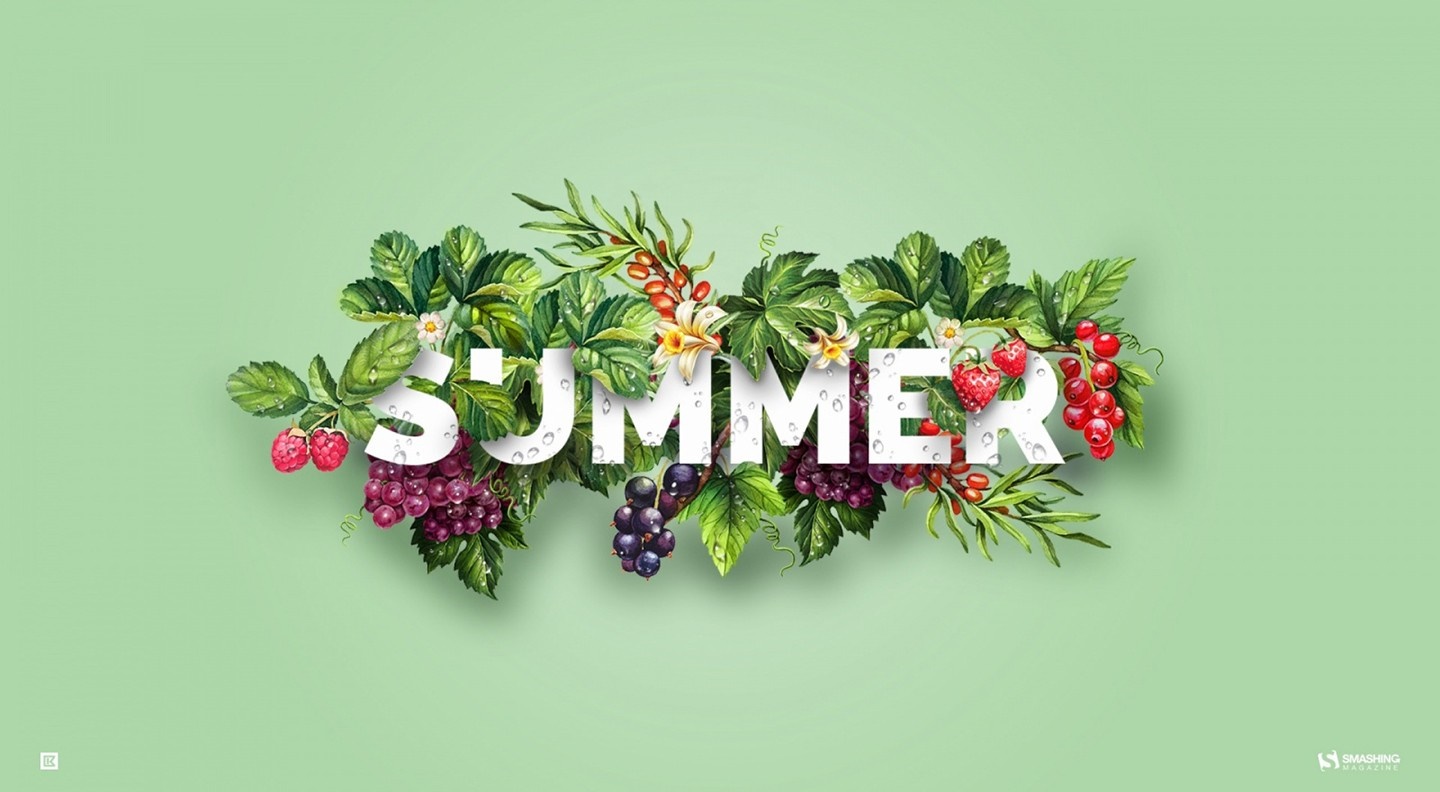 Summer text with berries and leaves HD Wallpaper