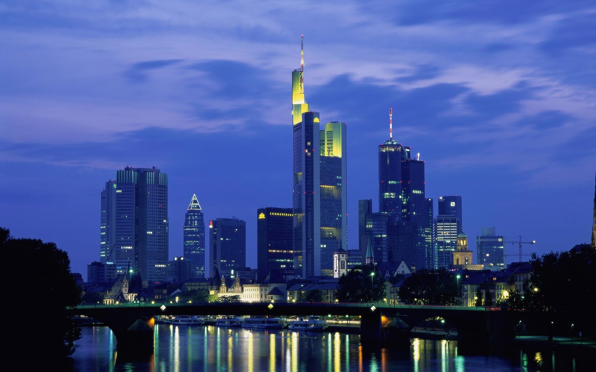 Frankfurt skyline at dusk with river reflection HD Wallpaper