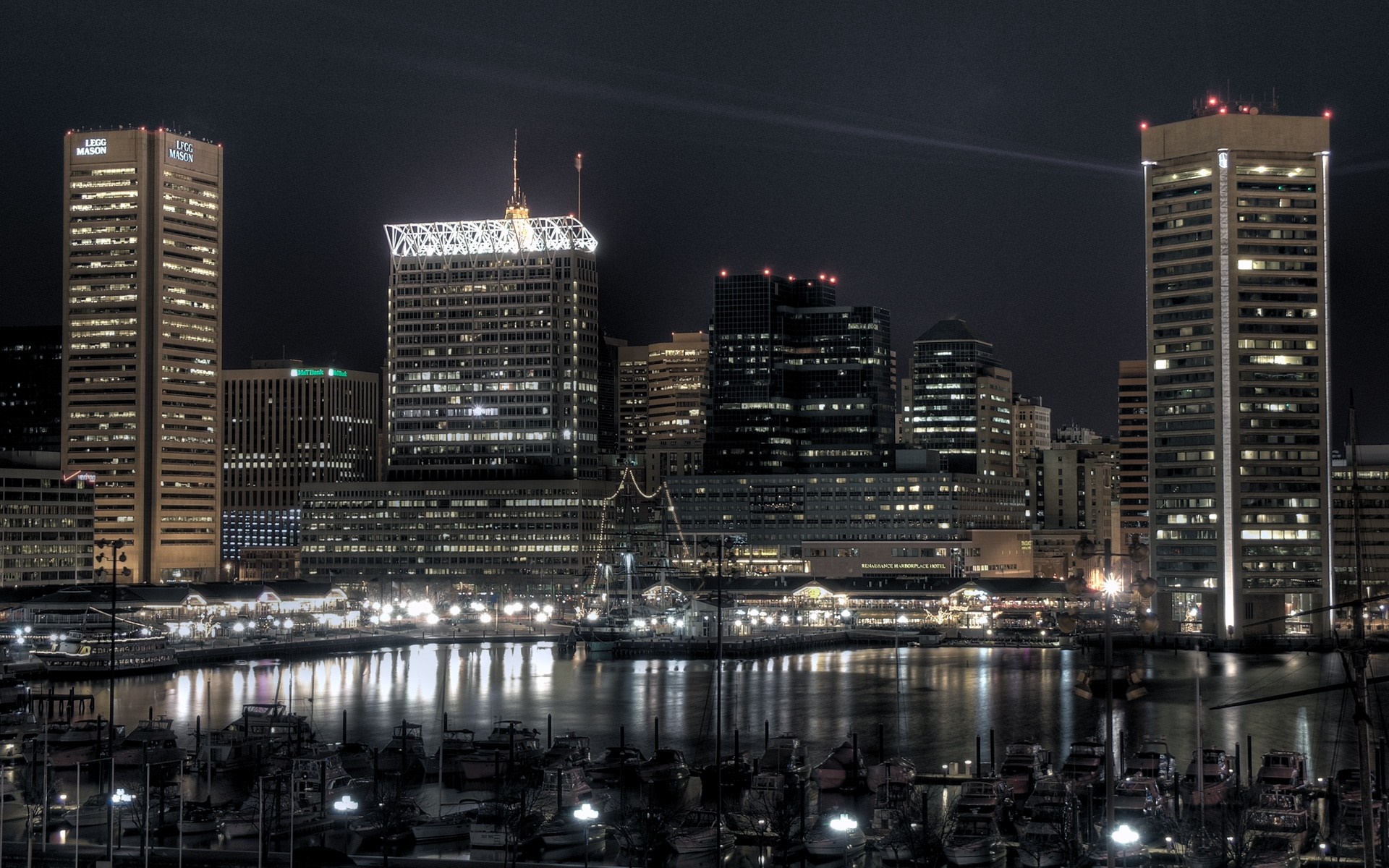 Baltimore Inner Harbor cityscape at night with boats HD Wallpaper