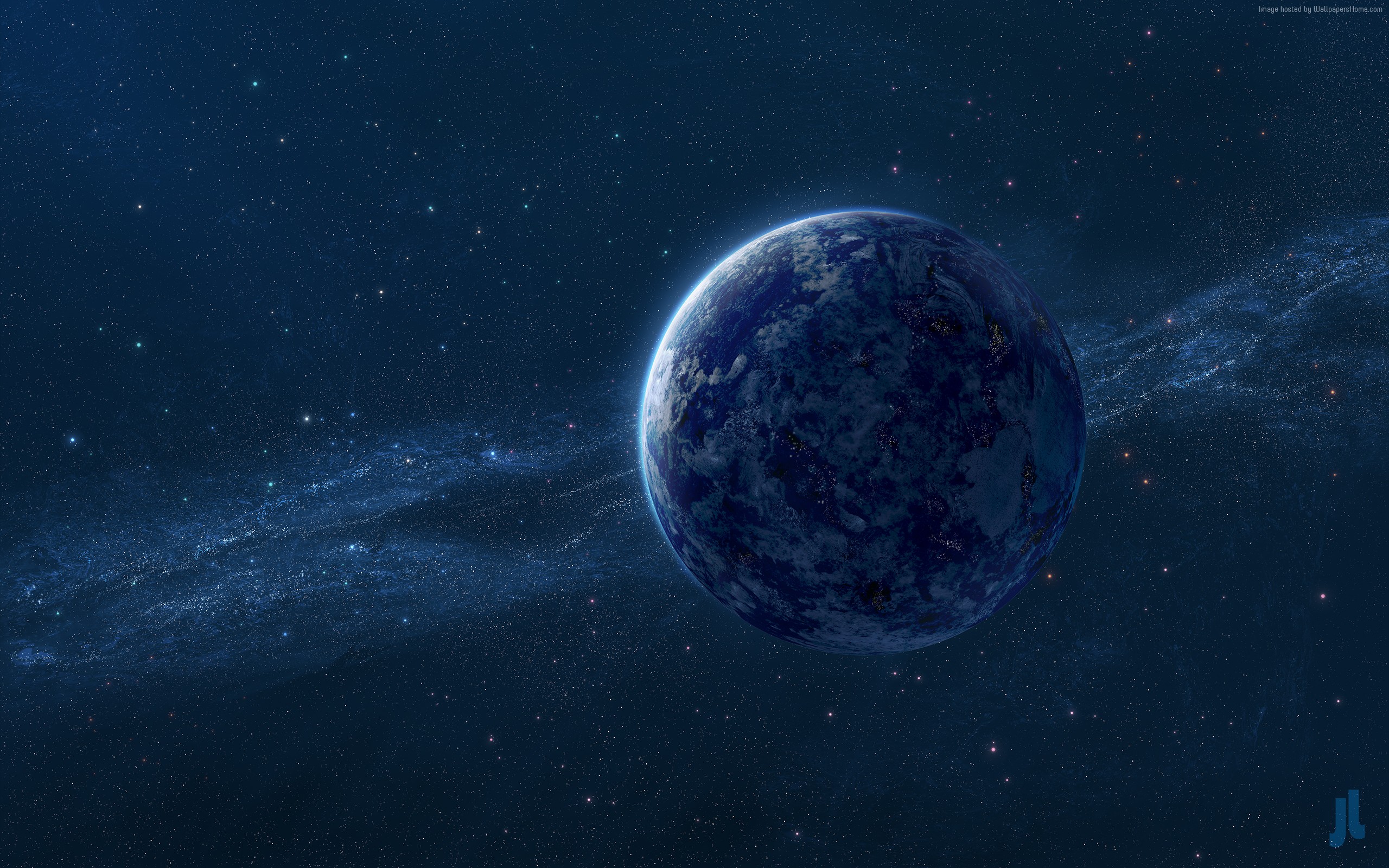 Blue planet in starry space with nebula HD Wallpaper