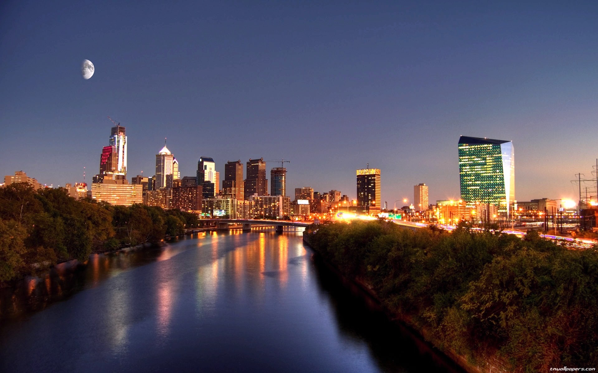 Philadelphia Skyline at Dusk with Moon HD Wallpaper