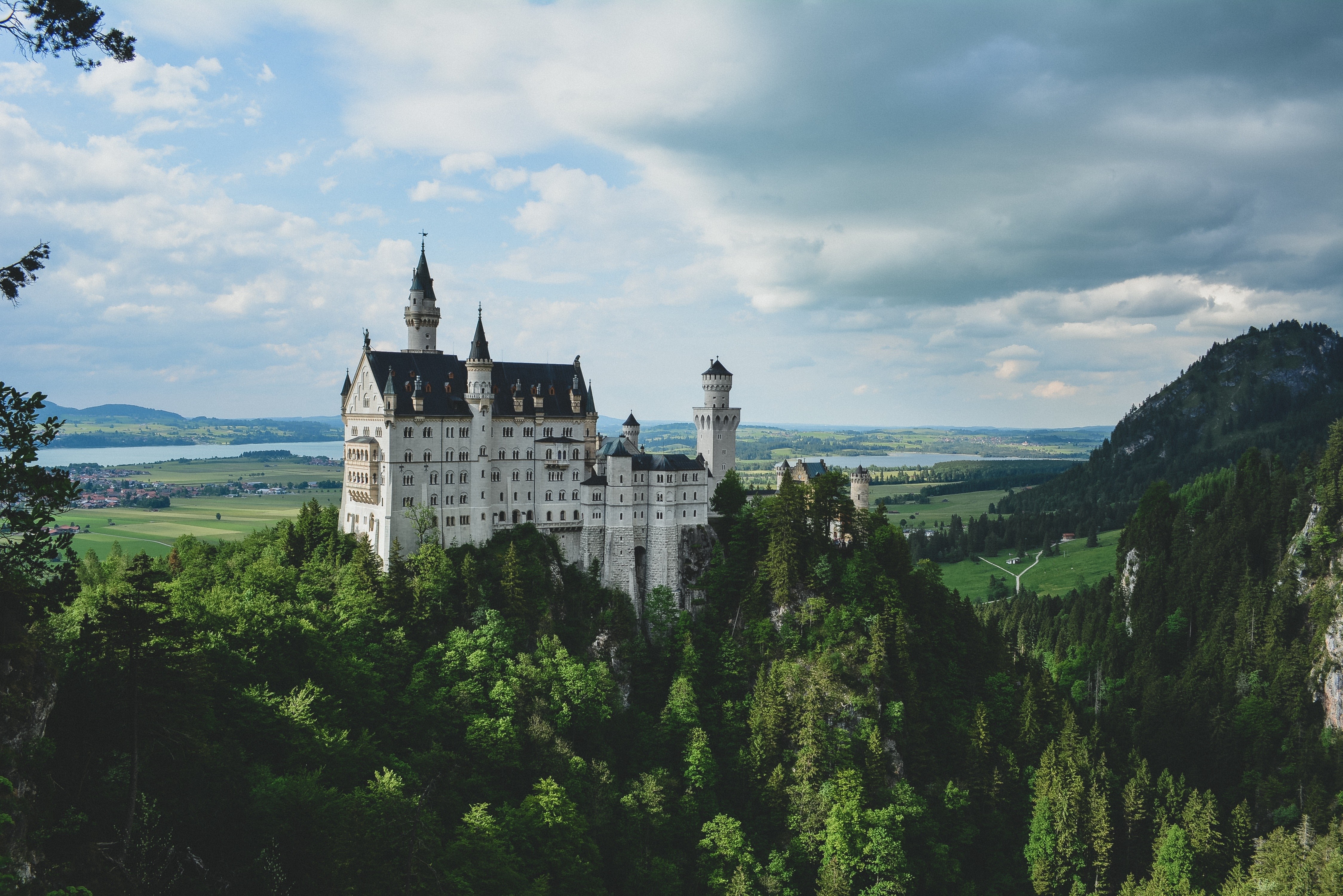 Neuschwanstein Castle on a forested hill with mountains HD Wallpaper