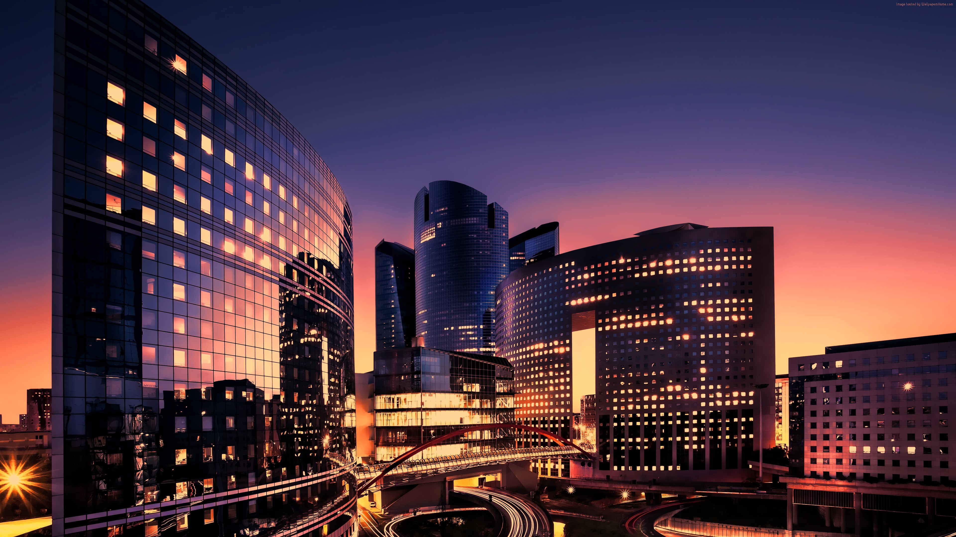 Cityscape of La Defense Paris at sunset with skyscrapers HD Wallpaper