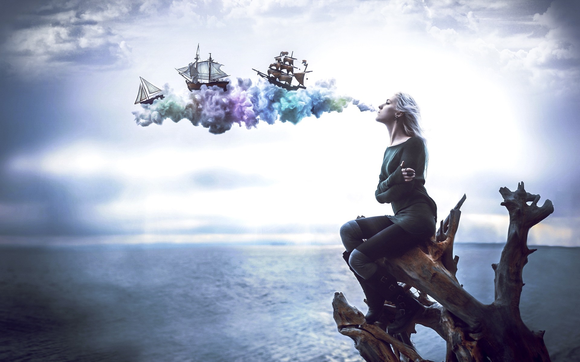 Woman exhaling smoke with ships in clouds HD Wallpaper