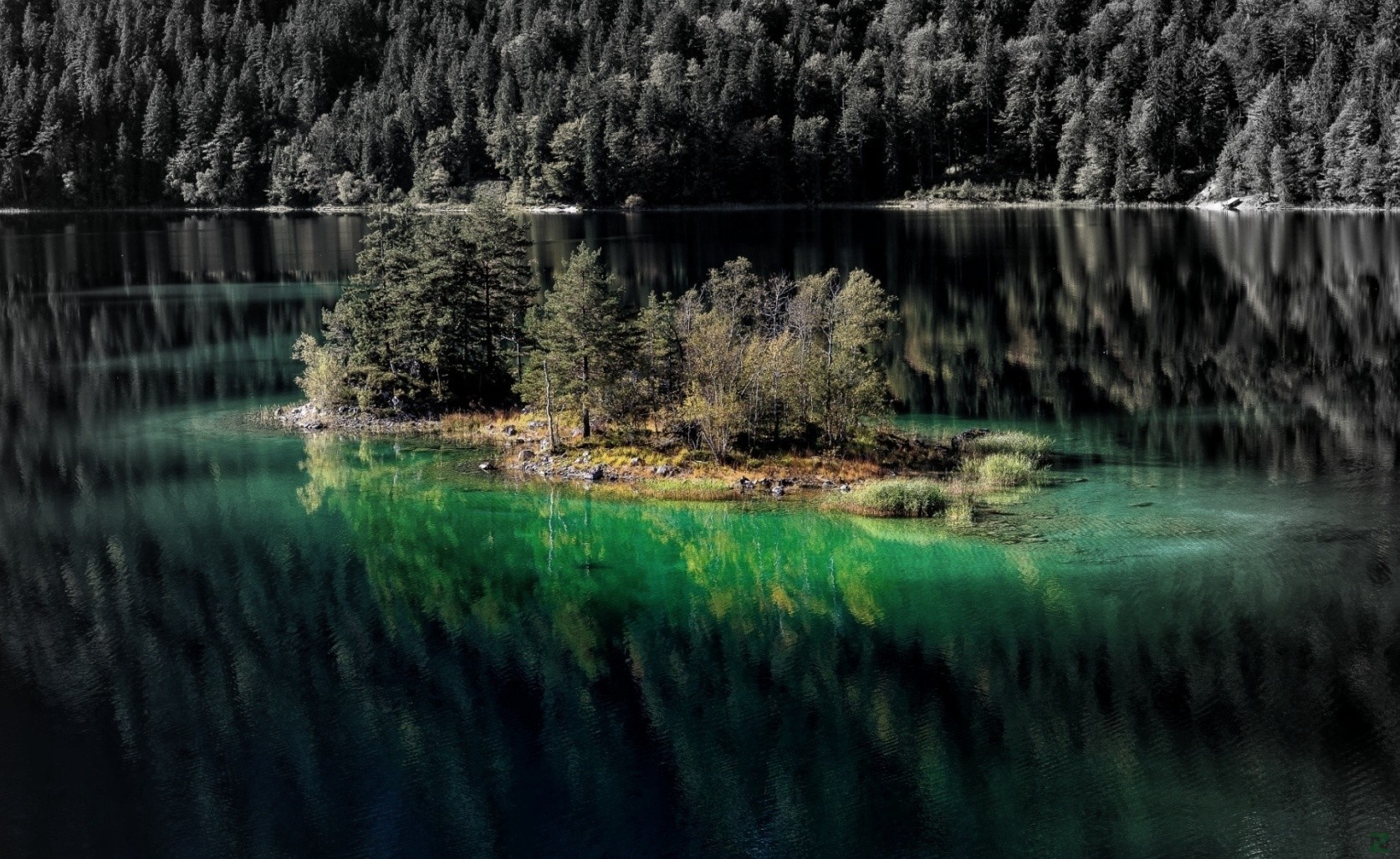 Island with trees in a green lake with forest reflection HD Wallpaper