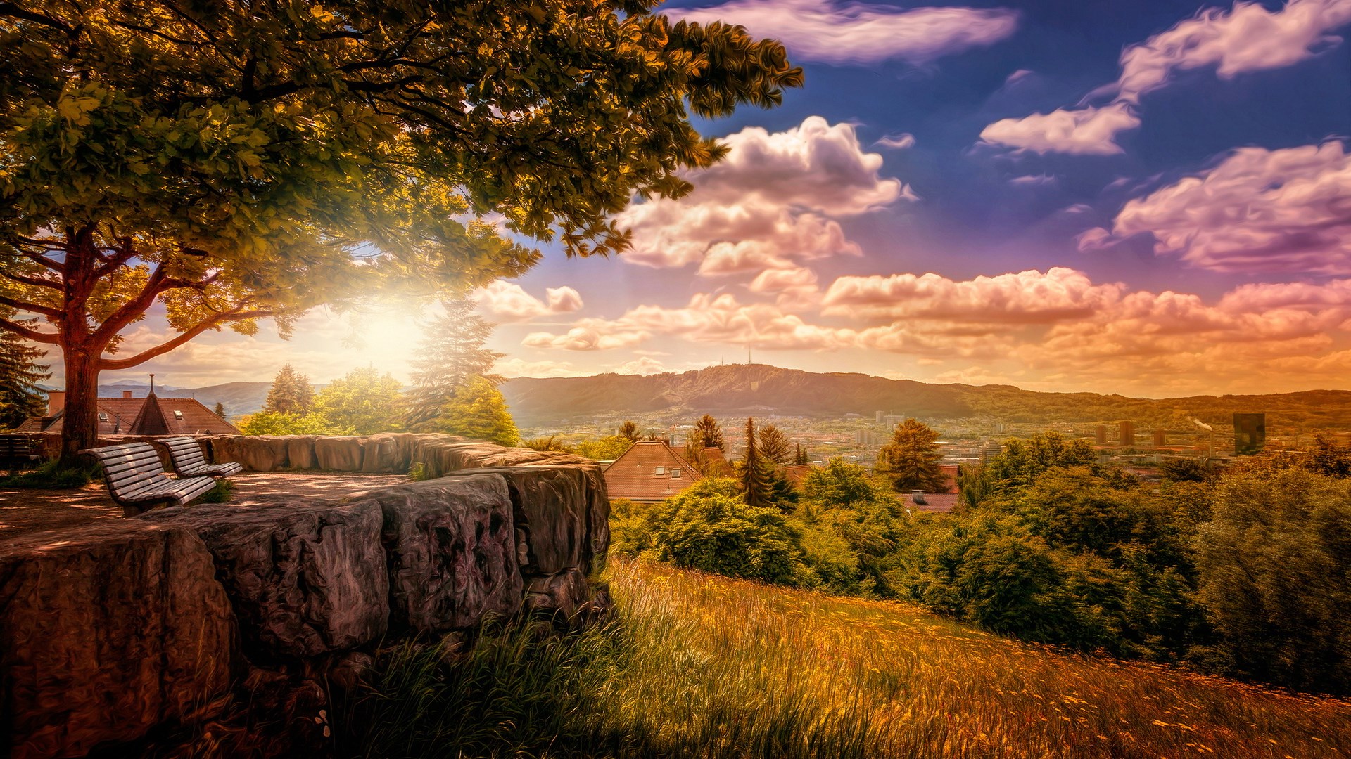 Scenic overlook with benches and a distant city view HD Wallpaper