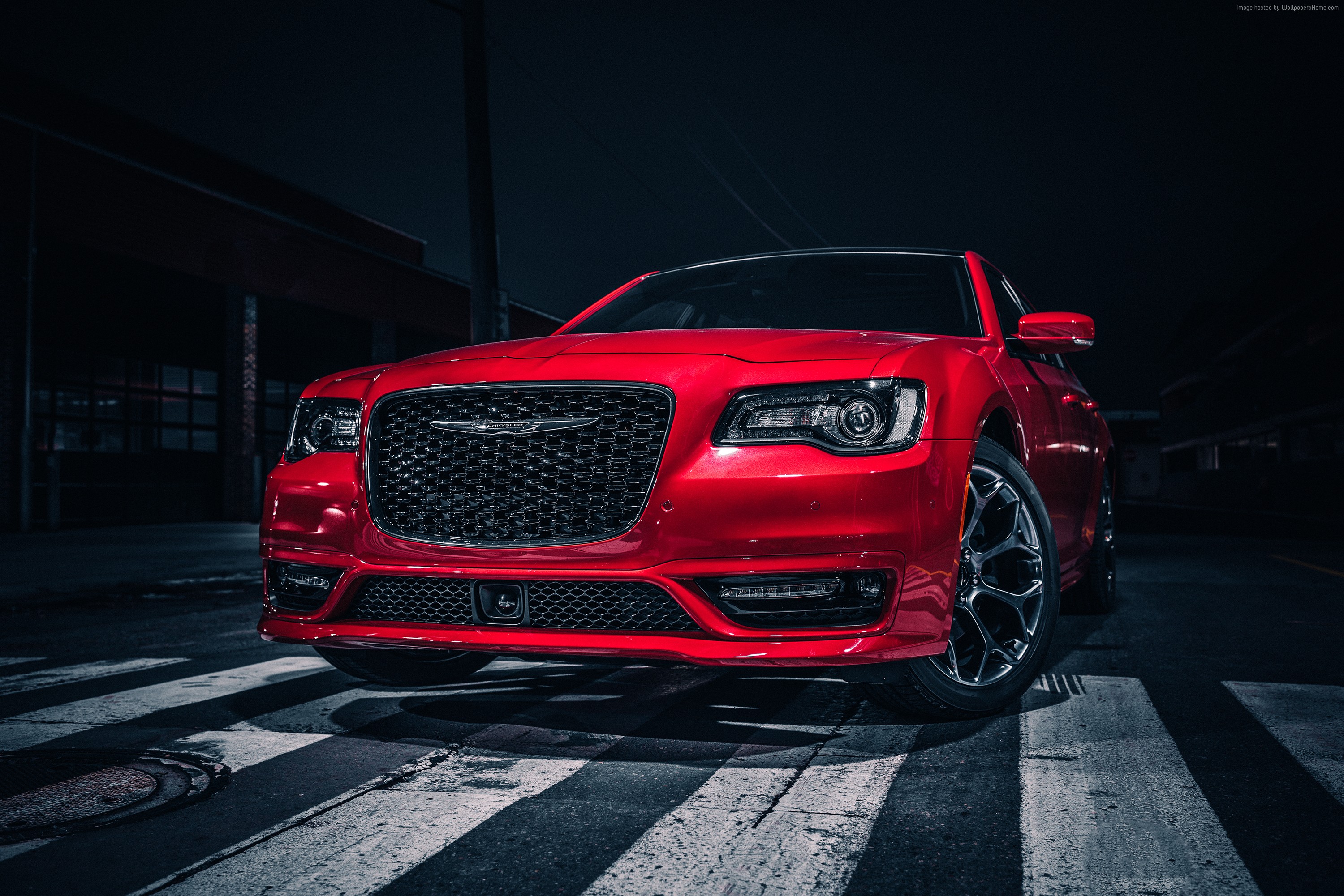 Red Chrysler 300S parked on a street at night HD Wallpaper