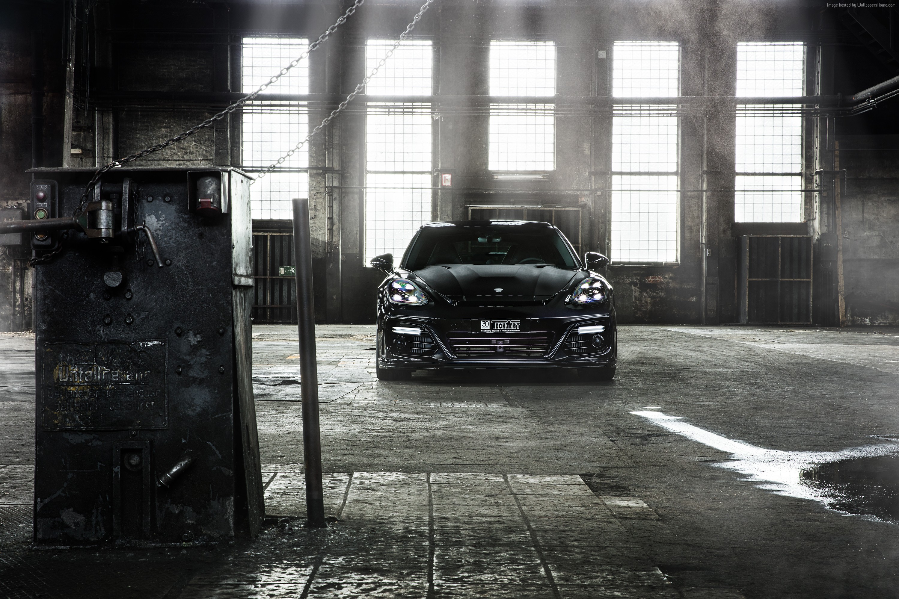 Black Porsche Panamera Grand GT in industrial garage HD Wallpaper